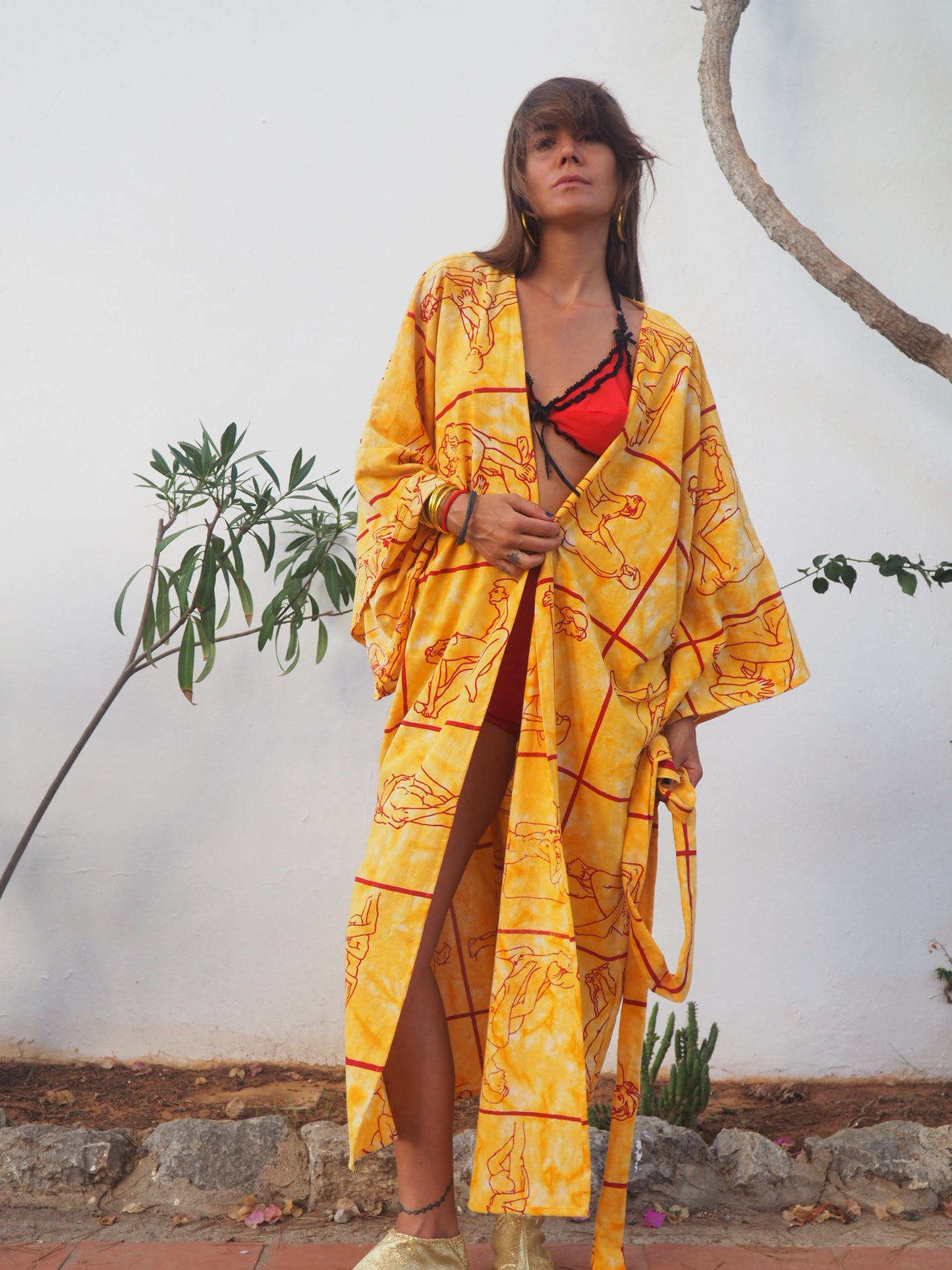 Up-cycled dressing gown with tantric sex position print by Vagabond Ibiza