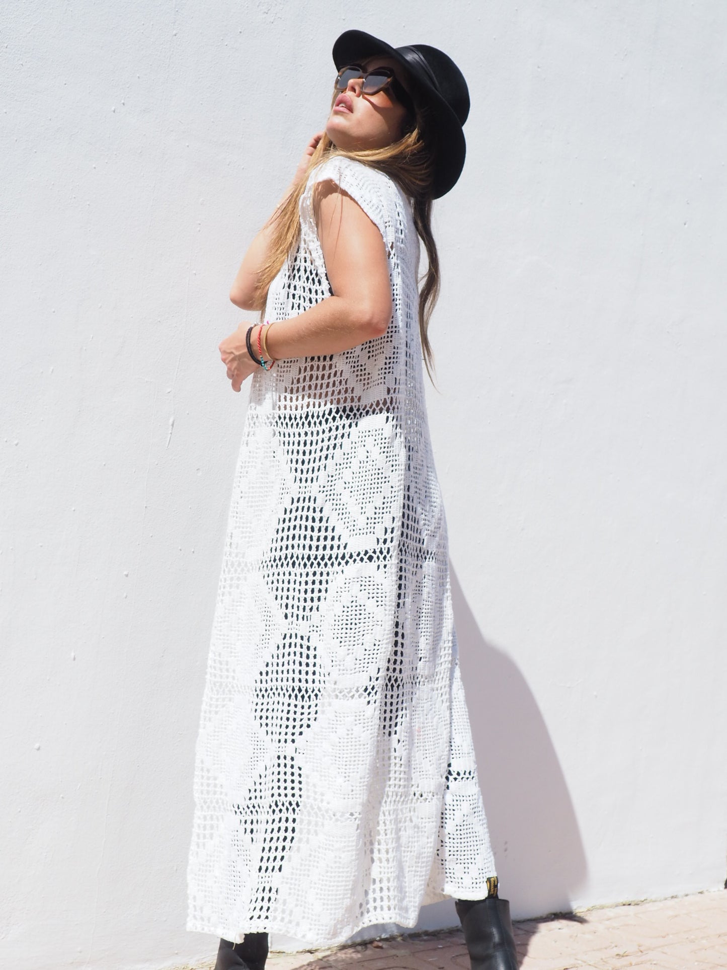 Vintage 1970’s crochet long white up-cycled waistcoat made by Vagabond Ibiza.