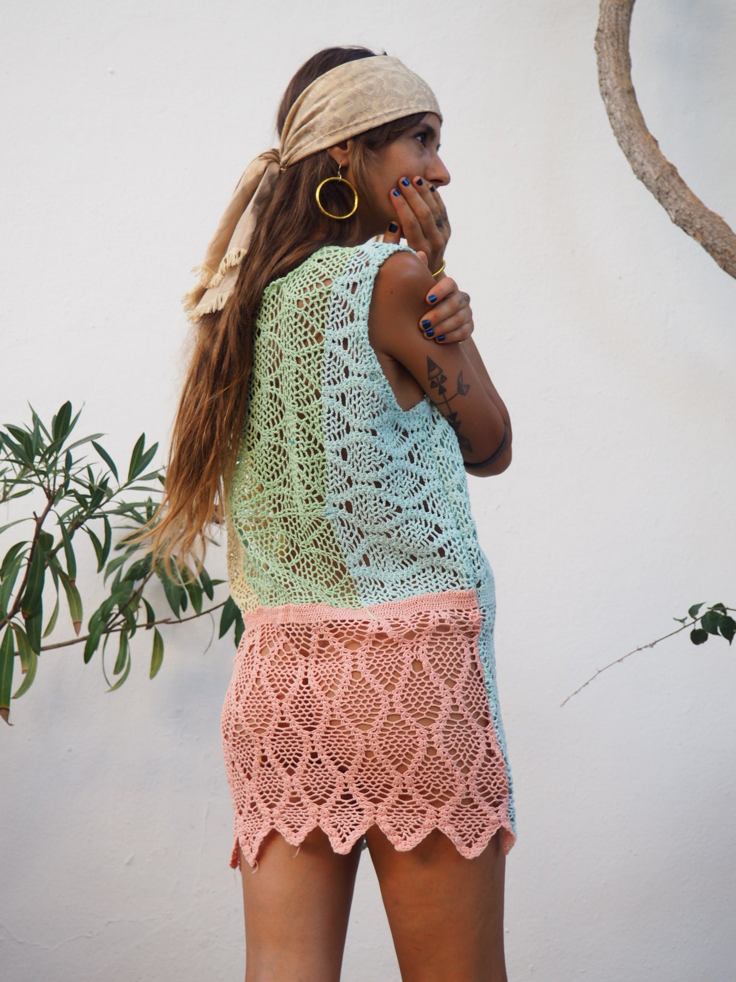One of a kind up-cycled cotton crochet mini dress