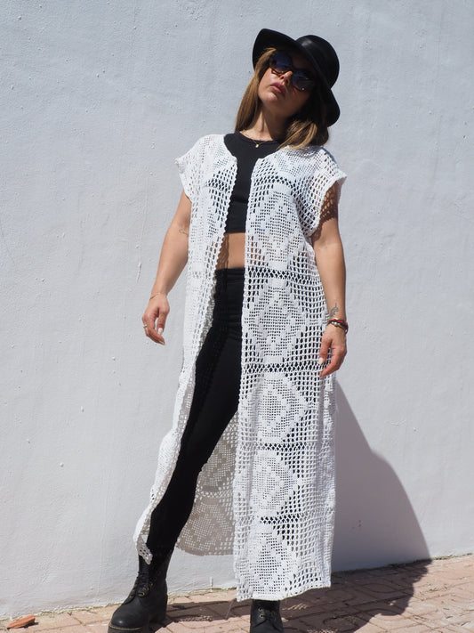 Vintage 1970’s crochet long white up-cycled waistcoat made by Vagabond Ibiza.