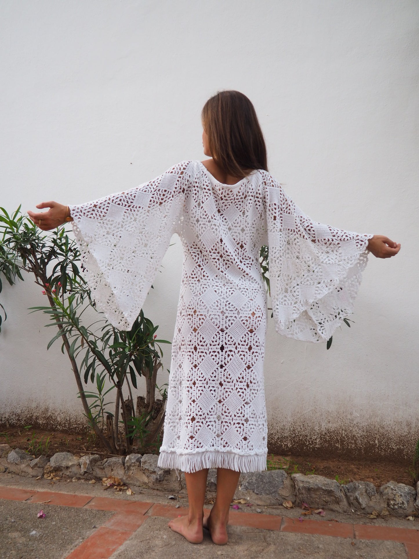 Vintage white 1960’s handmade detailed crochet lace dress up-cycled by Vagabond Ibiza