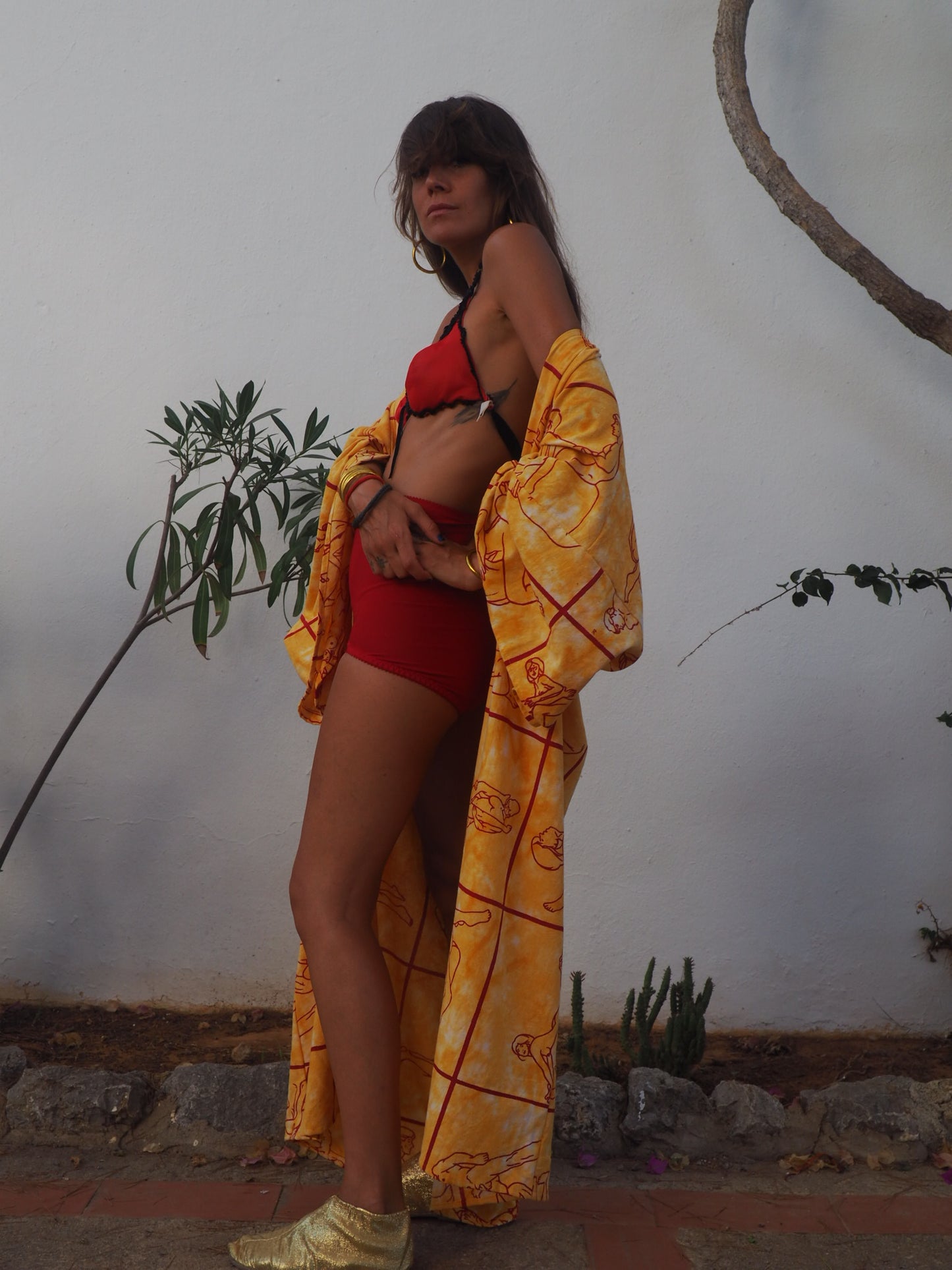 Up-cycled dressing gown with tantric sex position print by Vagabond Ibiza