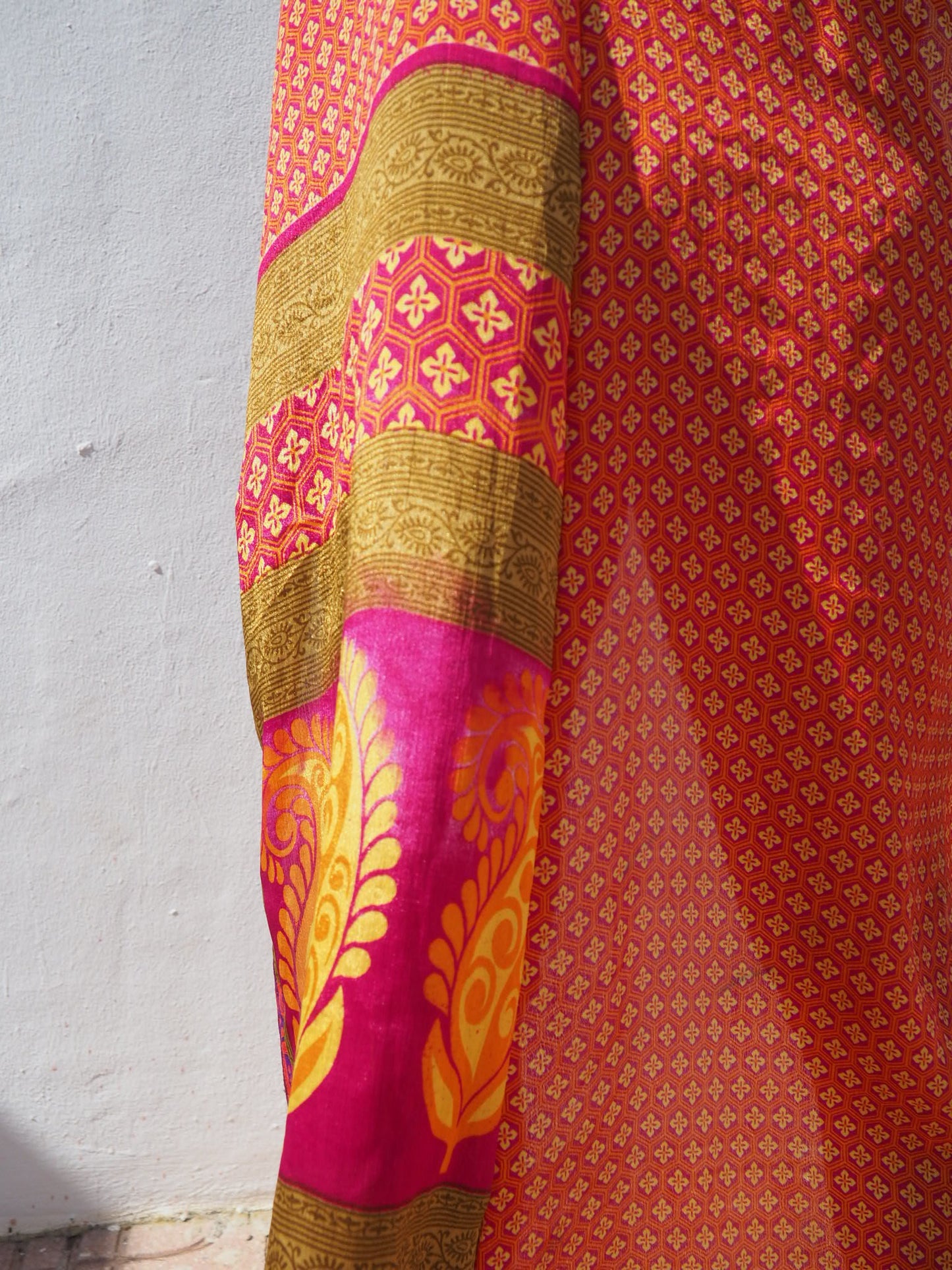 Up-cycled sari kimono in orange and gold print by Vagabond Ibiza