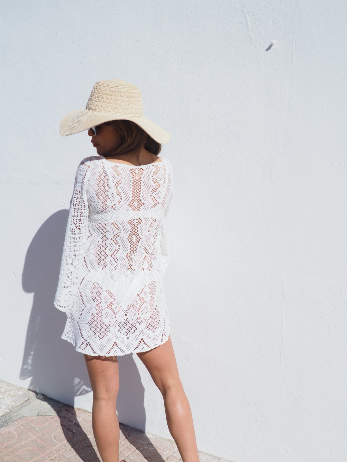 Vintage 1970’s white crochet dress up-cycled by Vagabond Ibiza with big bell sleeves