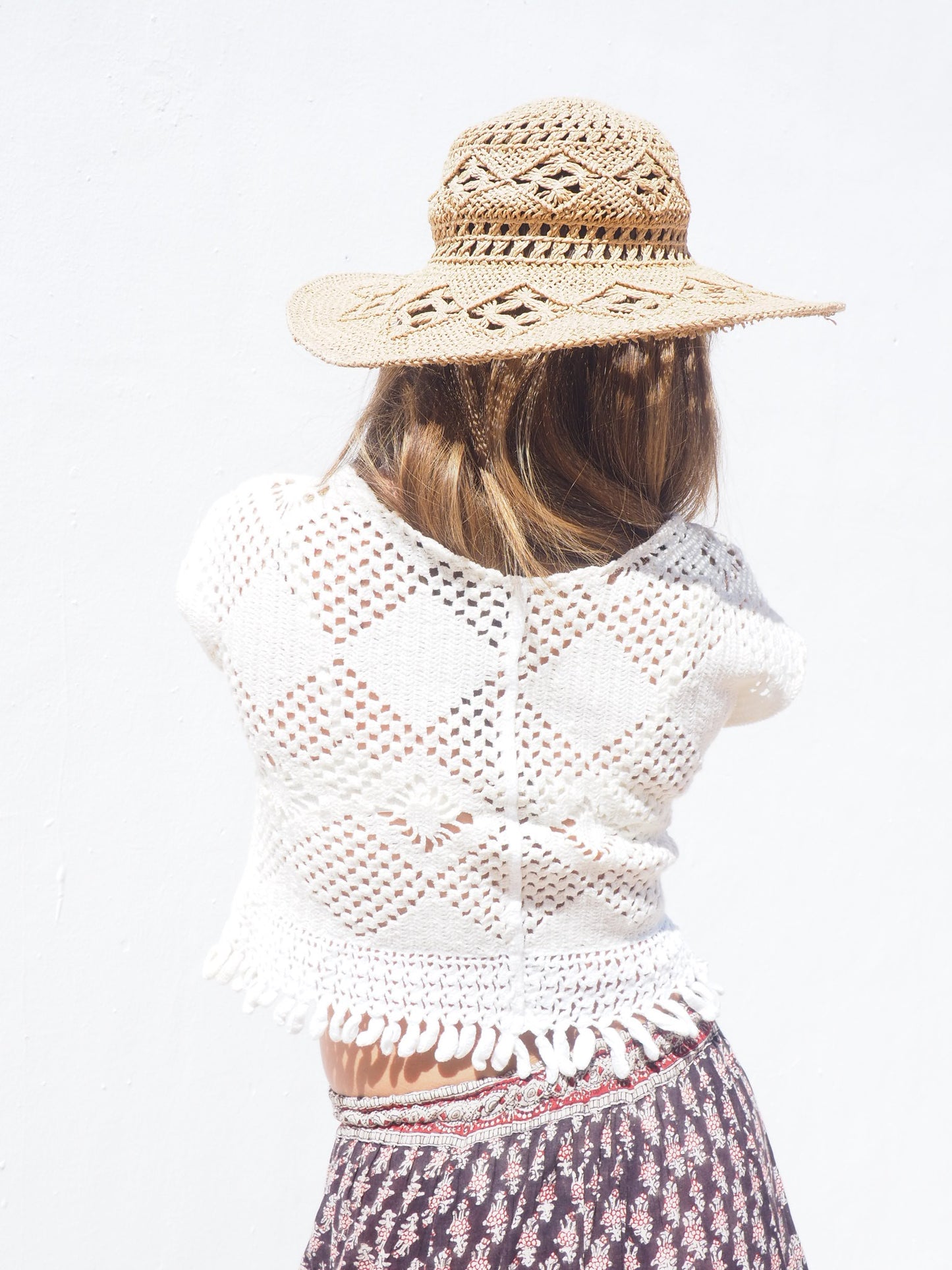 Super cute ivory and white vintage crochet top up-cycled by Vagabond Ibiza with cute tassel trim.