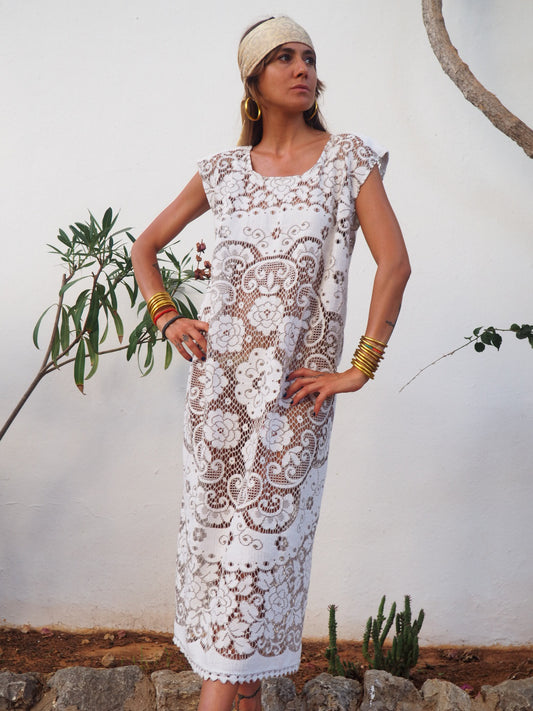 Amazing one off a kind white vintage lace dress up-cycled by Vagabond Ibiza