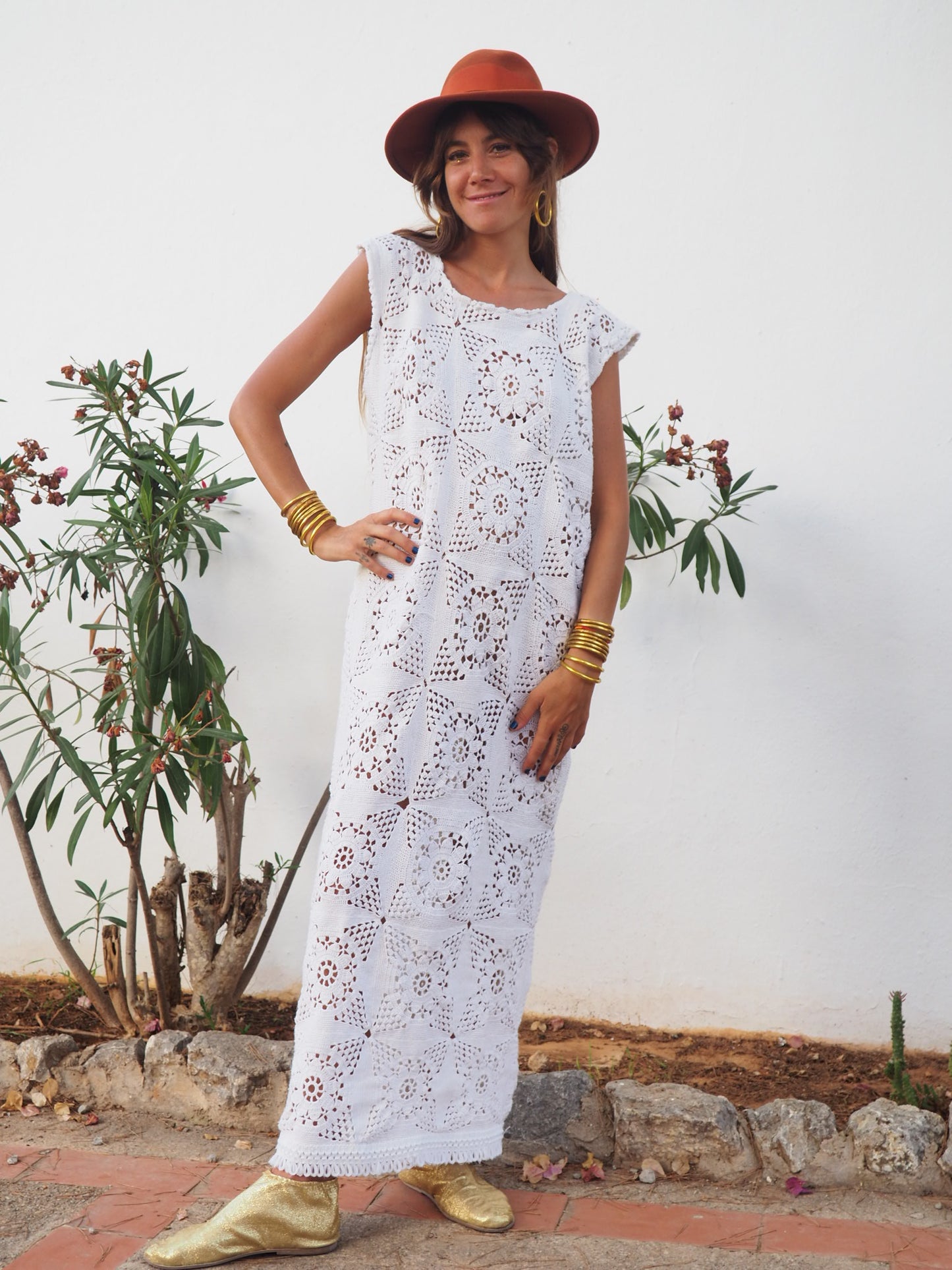 Super cute up-cycled long white crochet dress with lots of detailed hand work