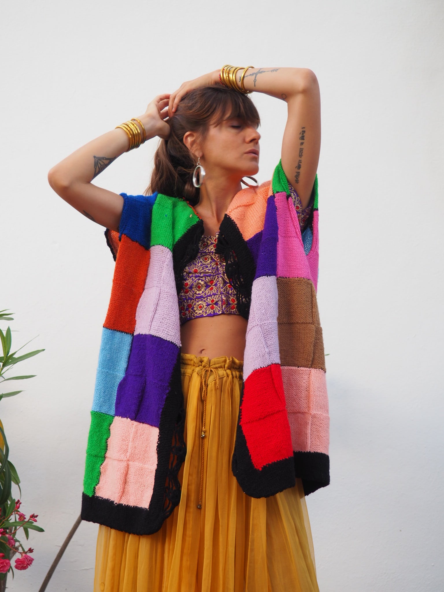 colourful waistcoat, Vintage Crochet Jacket, up cycled jacket , handmade jacket, striped jacket , vintage jacket, 1970s jacket , long waistcoat, slow fashion , sustainable fashion, vintage shop, ibiza vintage shop, ibiza style, bohemian jacket, boho jacket, colourful jacket, festival jacket, hippie style, 70s clothing, original vintage, recycled fashion brand, sustainable fashion brand, slow fashion brand, rainbow fashion, knitted jacket, woven jacket, winter jacket