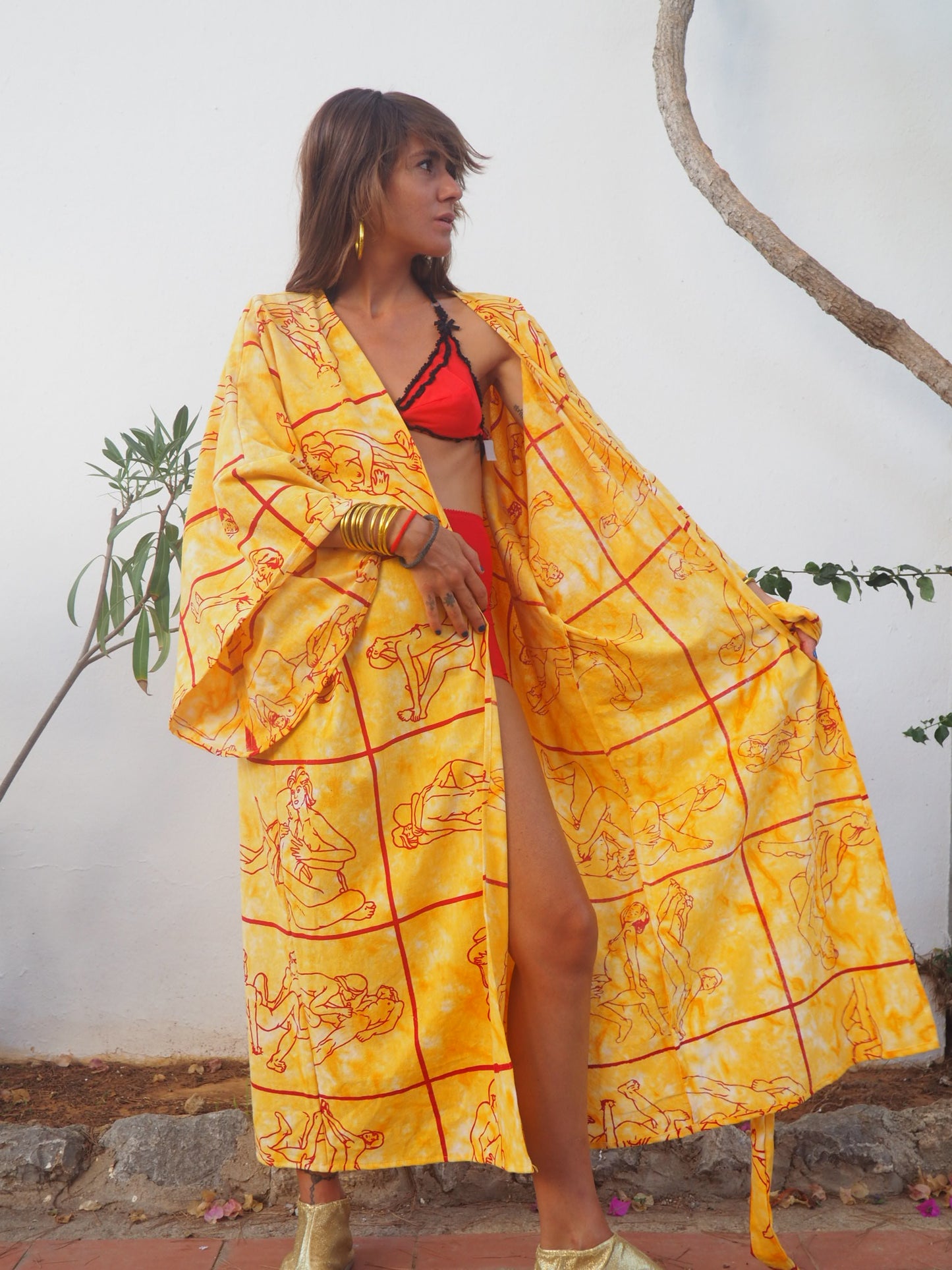 Up-cycled dressing gown with tantric sex position print by Vagabond Ibiza