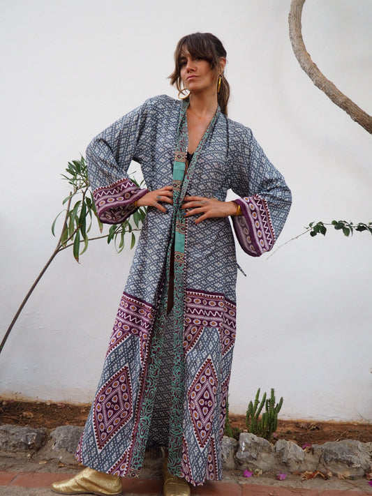 Recycled sari long printed kimono with waist belt