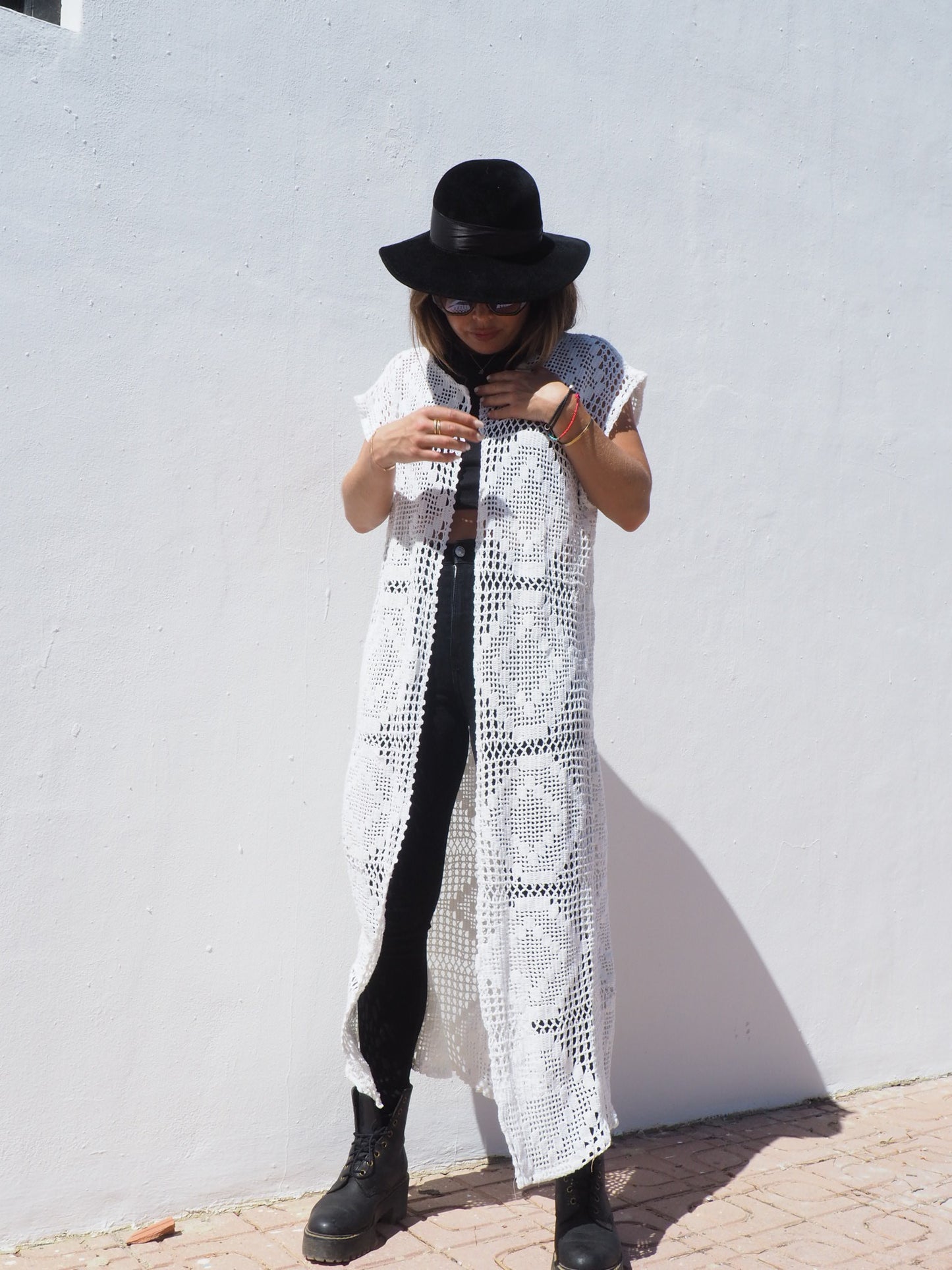 Vintage 1970’s crochet long white up-cycled waistcoat made by Vagabond Ibiza.