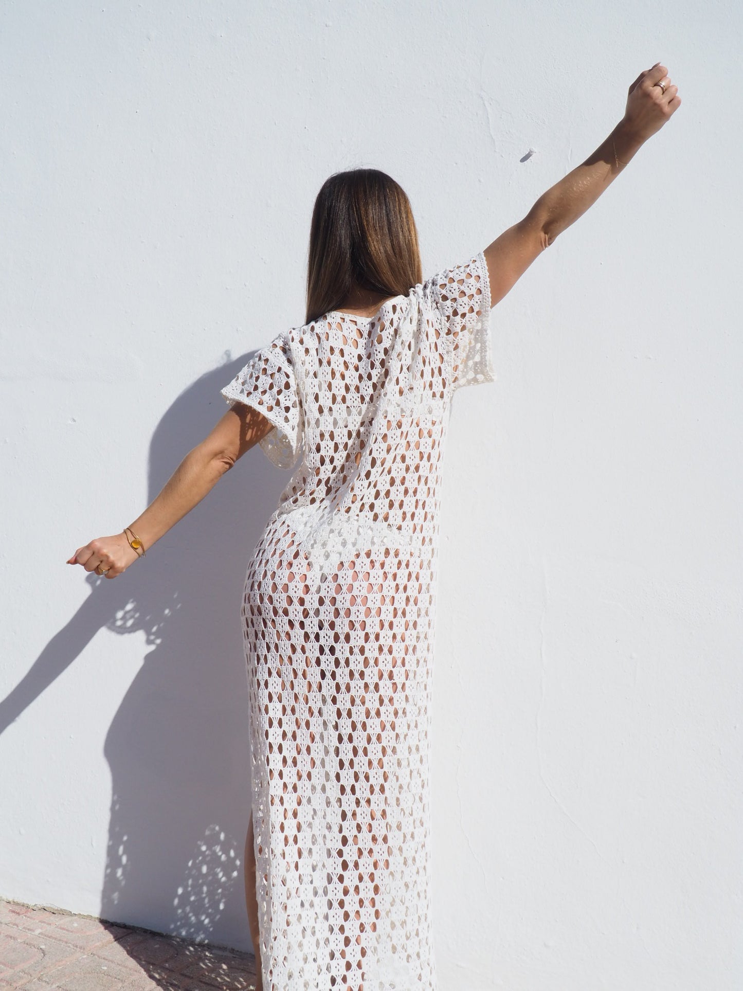 Very cool vintage crochet long cotton beach dress handmade cotton crochet up-cycled by Vagabond Ibiza