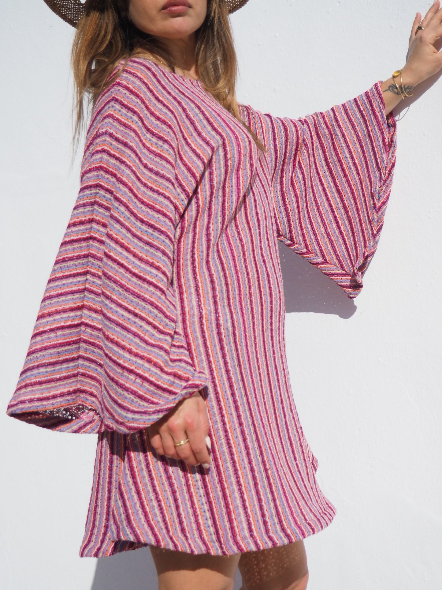 Retro dead stock fabric up-cycled pink striped bell sleeve dress made by Vagabond Ibiza