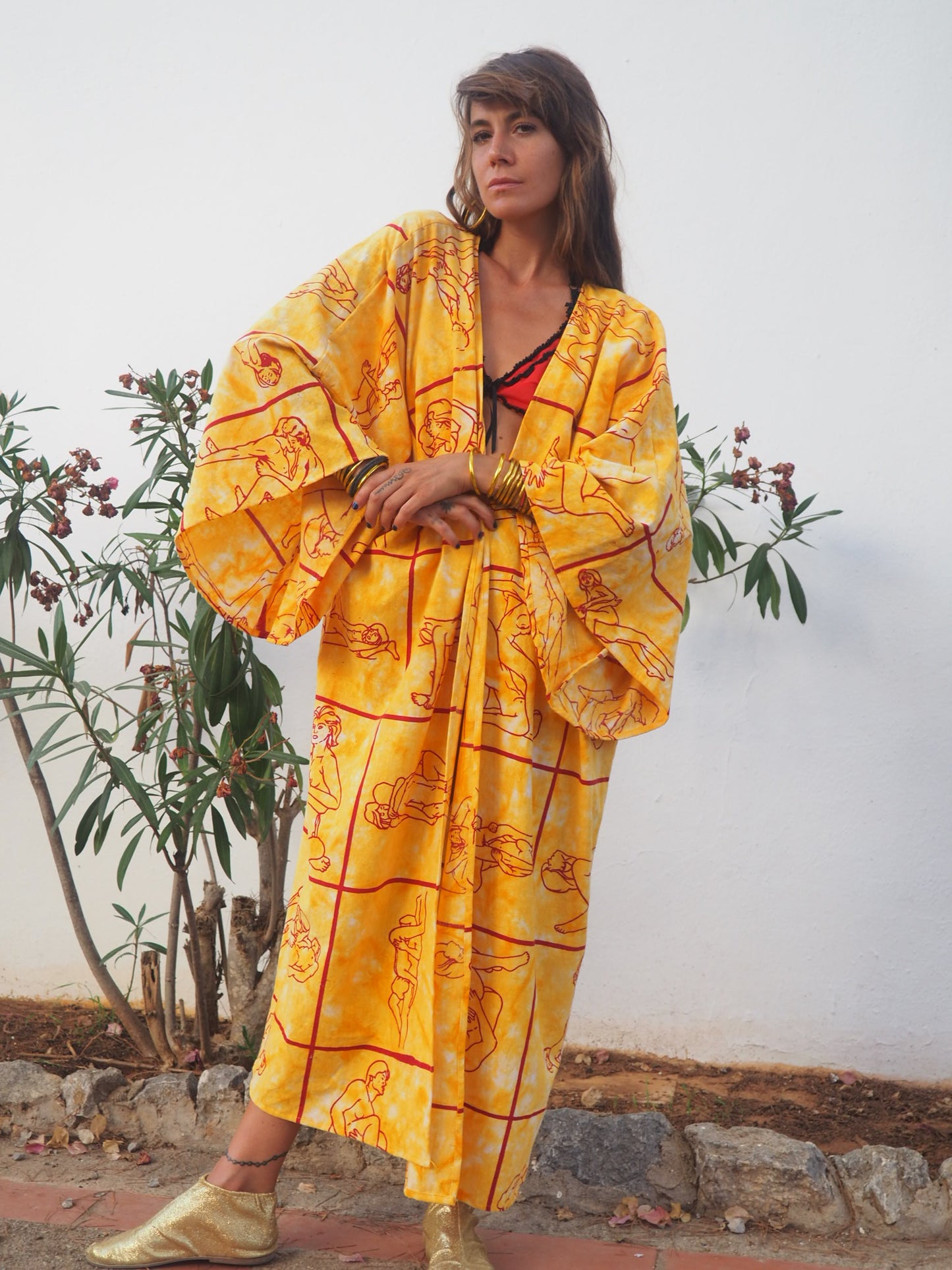 Up-cycled dressing gown with tantric sex position print by Vagabond Ibiza