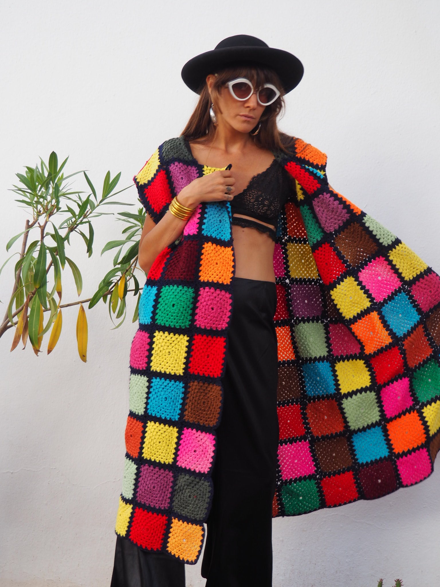 colourful waistcoat, Vintage Crochet Jacket, up cycled jacket , handmade jacket, striped jacket , vintage jacket, 1970s jacket , long waistcoat, slow fashion , sustainable fashion, vintage shop, ibiza vintage shop, ibiza style, bohemian jacket, boho jacket, colourful jacket, festival jacket, hippie style, 70s clothing, original vintage, recycled fashion brand, sustainable fashion brand, slow fashion brand, rainbow fashion, knitted jacket, woven jacket, winter jacket, crochet jumper, vintage fashion, 