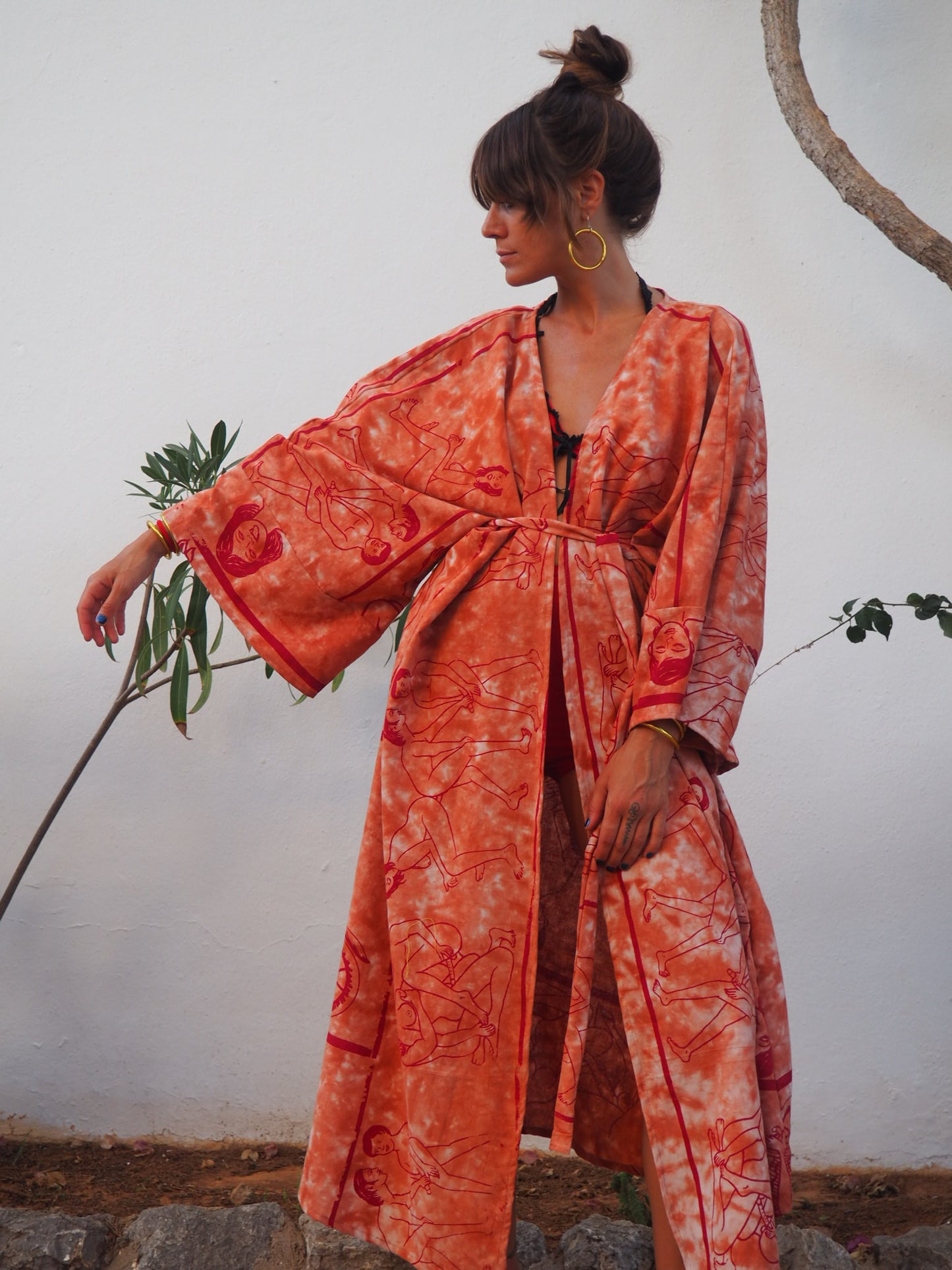 Up-cycled dressing gown with tantric sex position print by Vagabond Ibiza