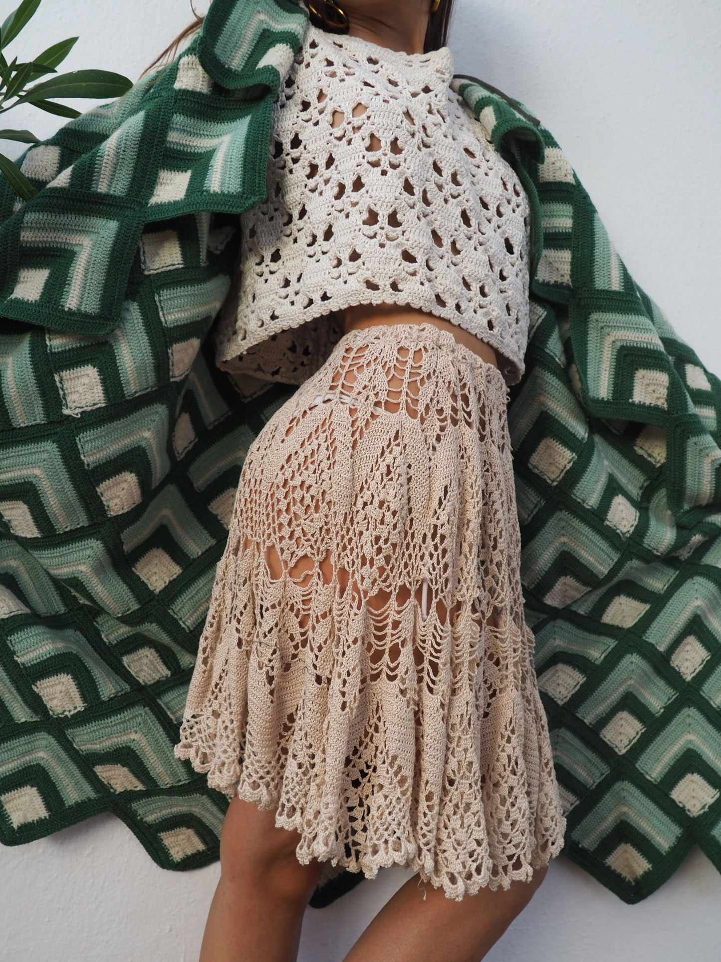 Vintage beige crochet lace skirt up-cycled by Vagabond Ibiza
