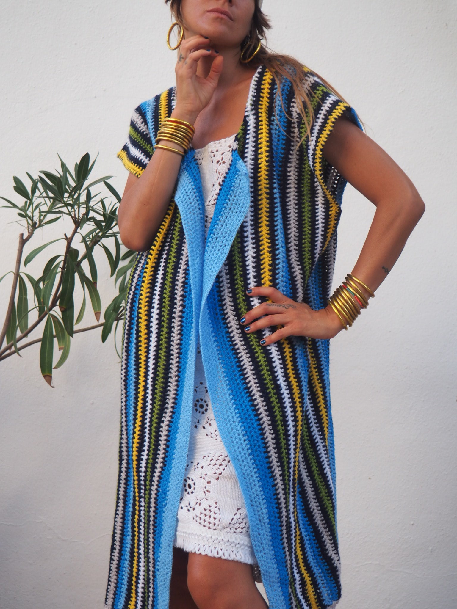 1970's Unique Vintage Crochet Jacket,Vintage Crochet Jacket, up cycled jacket , handmade jacket, striped jacket , vintage jacket, 1970s jacket , long waistcoat, slow fashion , sustainable fashion, vintage shop, ibiza vintage shop, ibiza style, bohemian jacket, boho jacket, colourful jacket, festival jacket, hippie jstyle, 70s clothing, original vintage, recycled fashion brand, sustainable fashion brand, slow fashion brand, rainbow fashion