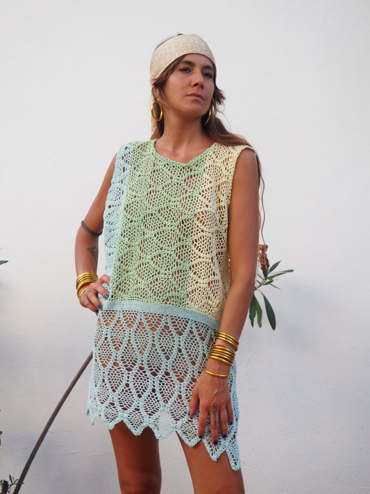 One of a kind up-cycled cotton crochet mini dress