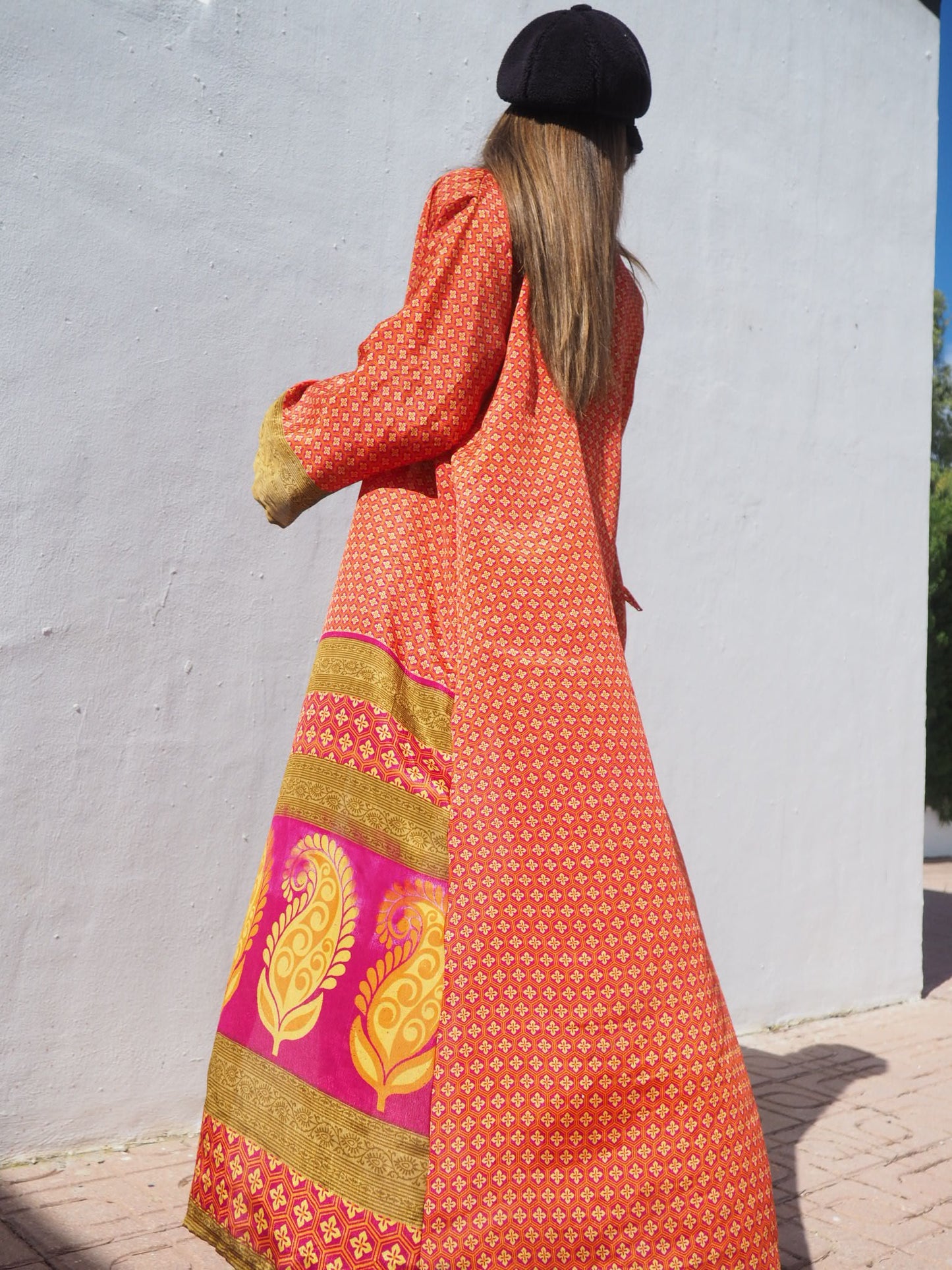 Up-cycled sari kimono in orange and gold print by Vagabond Ibiza