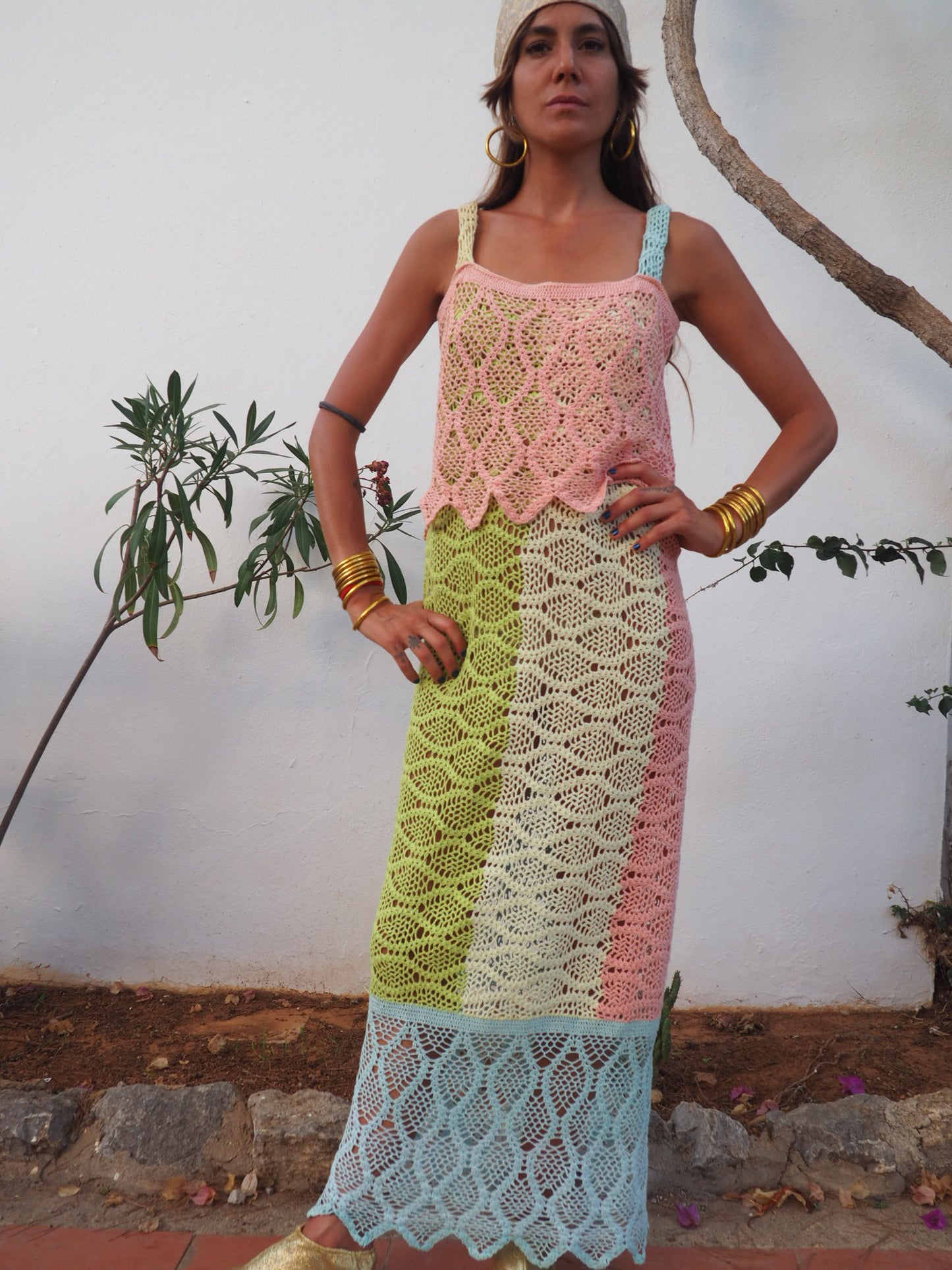 One of a kind up-cycled cotton crochet dress in pastel colours