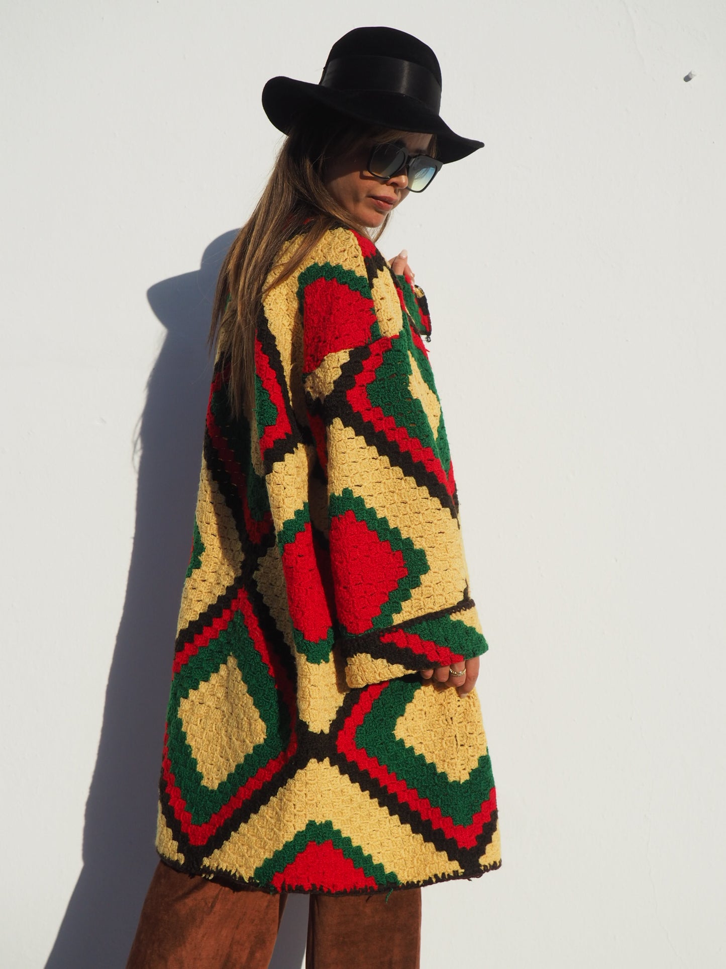 Vintage handmade crochet textiles in yellow green and brown up-cycled jacket by Vagabond Ibiza.