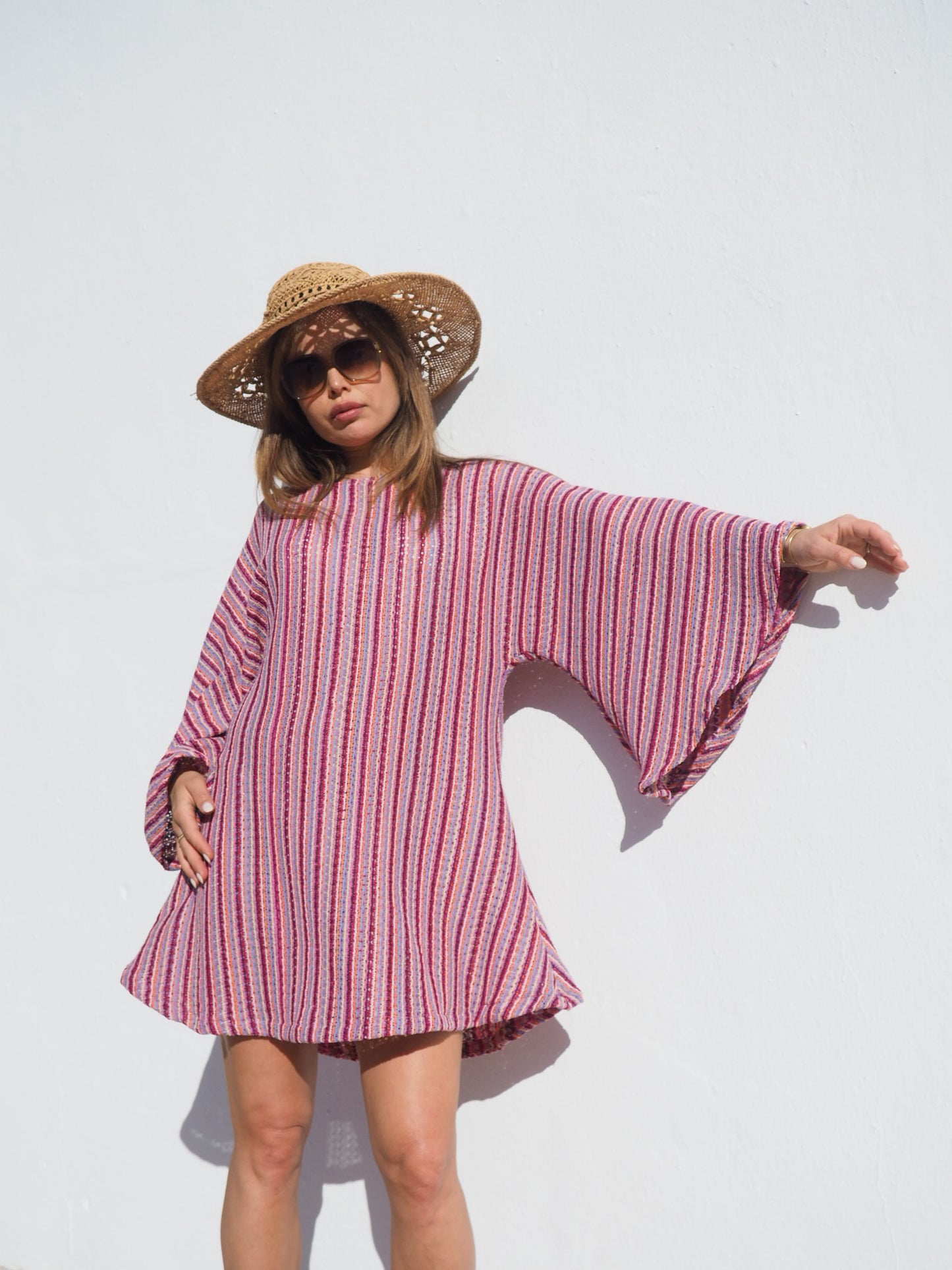 Retro dead stock fabric up-cycled pink striped bell sleeve dress made by Vagabond Ibiza