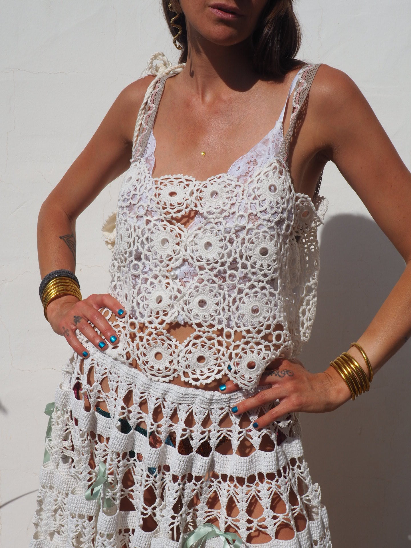 Antique white lace work up-cycled top by Vagabond Ibiza
