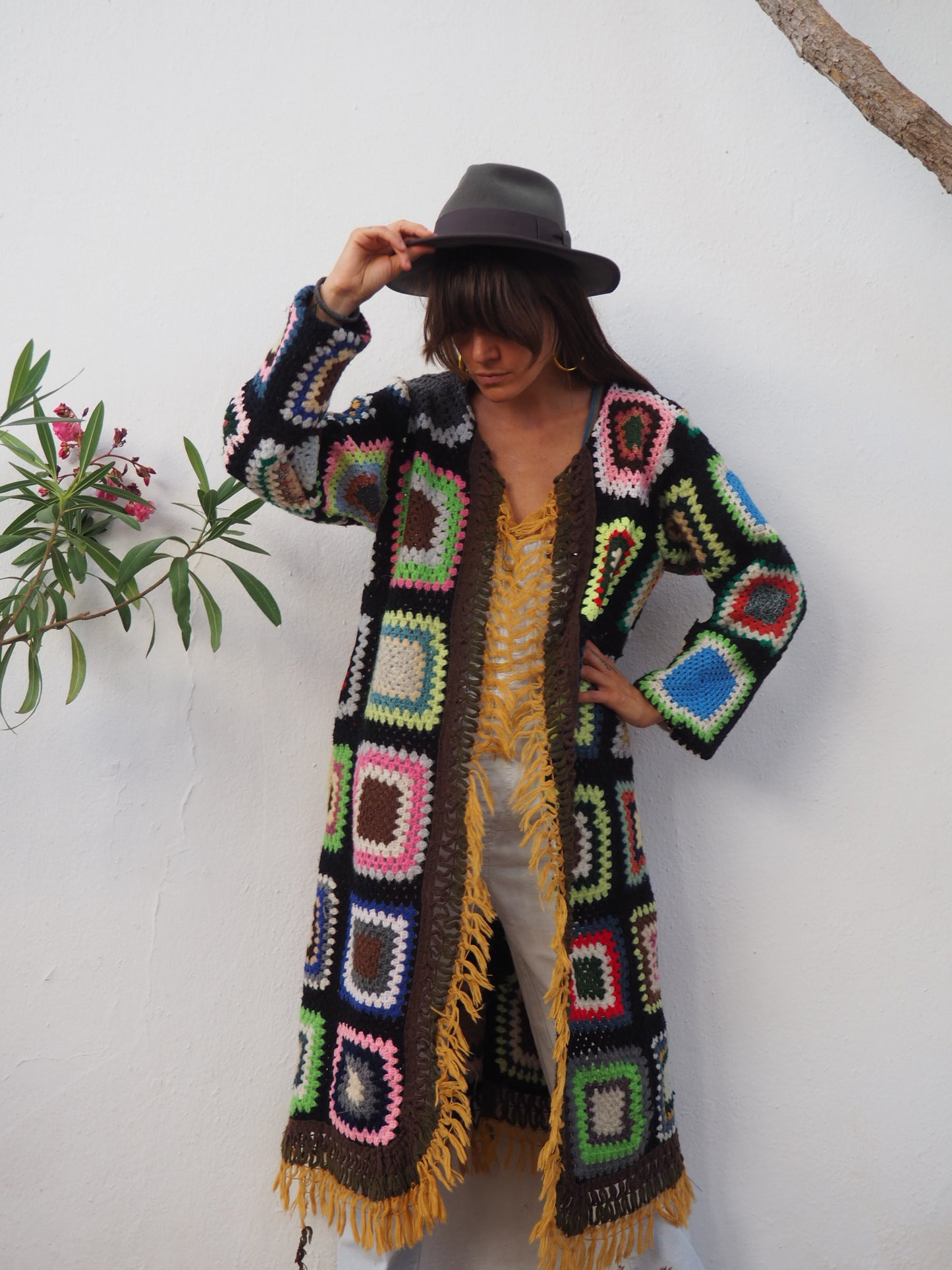 colourful waistcoat, Vintage Crochet Jacket, up cycled jacket , handmade jacket, striped jacket , vintage jacket, 1970s jacket , long waistcoat, slow fashion , sustainable fashion, vintage shop, ibiza vintage shop, ibiza style, bohemian jacket, boho jacket, colourful jacket, festival jacket, hippie style, 70s clothing, original vintage, recycled fashion brand, sustainable fashion brand, slow fashion brand, rainbow fashion, knitted jacket, woven jacket, winter jacket