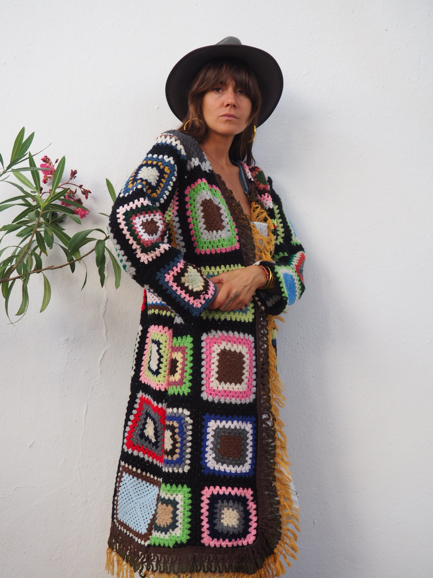 colourful waistcoat, Vintage Crochet Jacket, up cycled jacket , handmade jacket, striped jacket , vintage jacket, 1970s jacket , long waistcoat, slow fashion , sustainable fashion, vintage shop, ibiza vintage shop, ibiza style, bohemian jacket, boho jacket, colourful jacket, festival jacket, hippie style, 70s clothing, original vintage, recycled fashion brand, sustainable fashion brand, slow fashion brand, rainbow fashion, knitted jacket, woven jacket, winter jacket