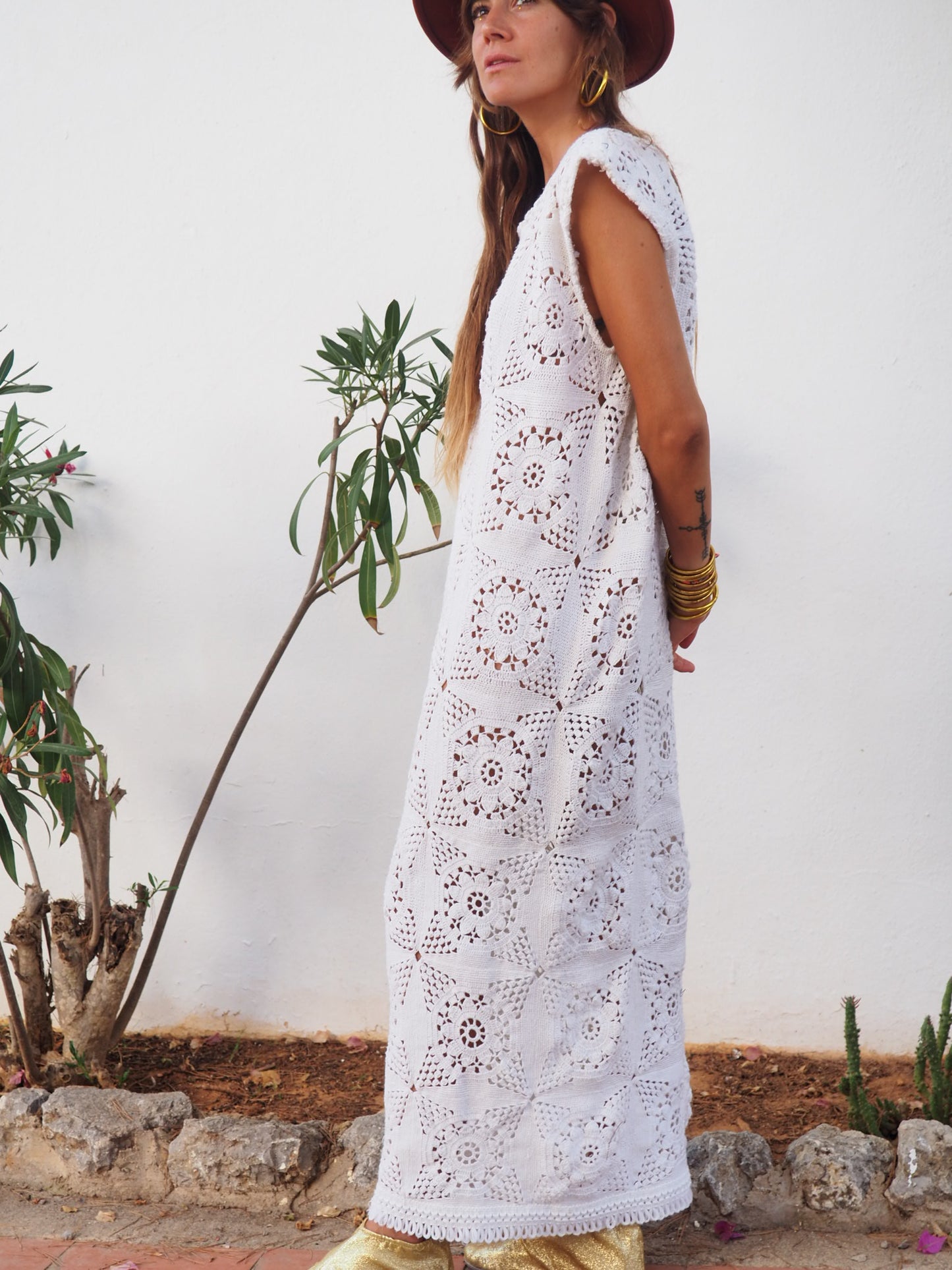 Super cute up-cycled long white crochet dress with lots of detailed hand work