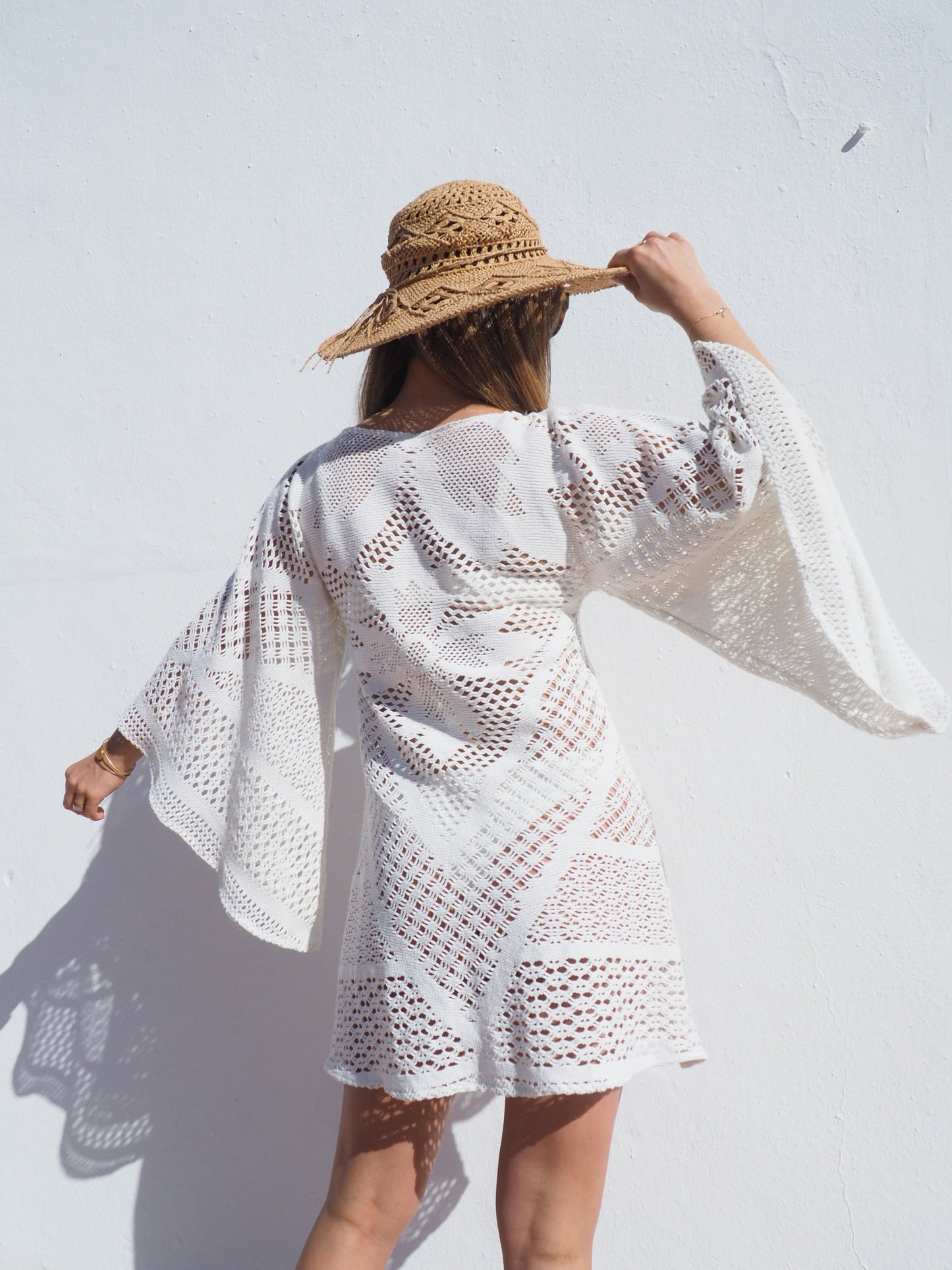 Vintage 1970’s white crochet dress up-cycled by Vagabond Ibiza with big bell sleeves