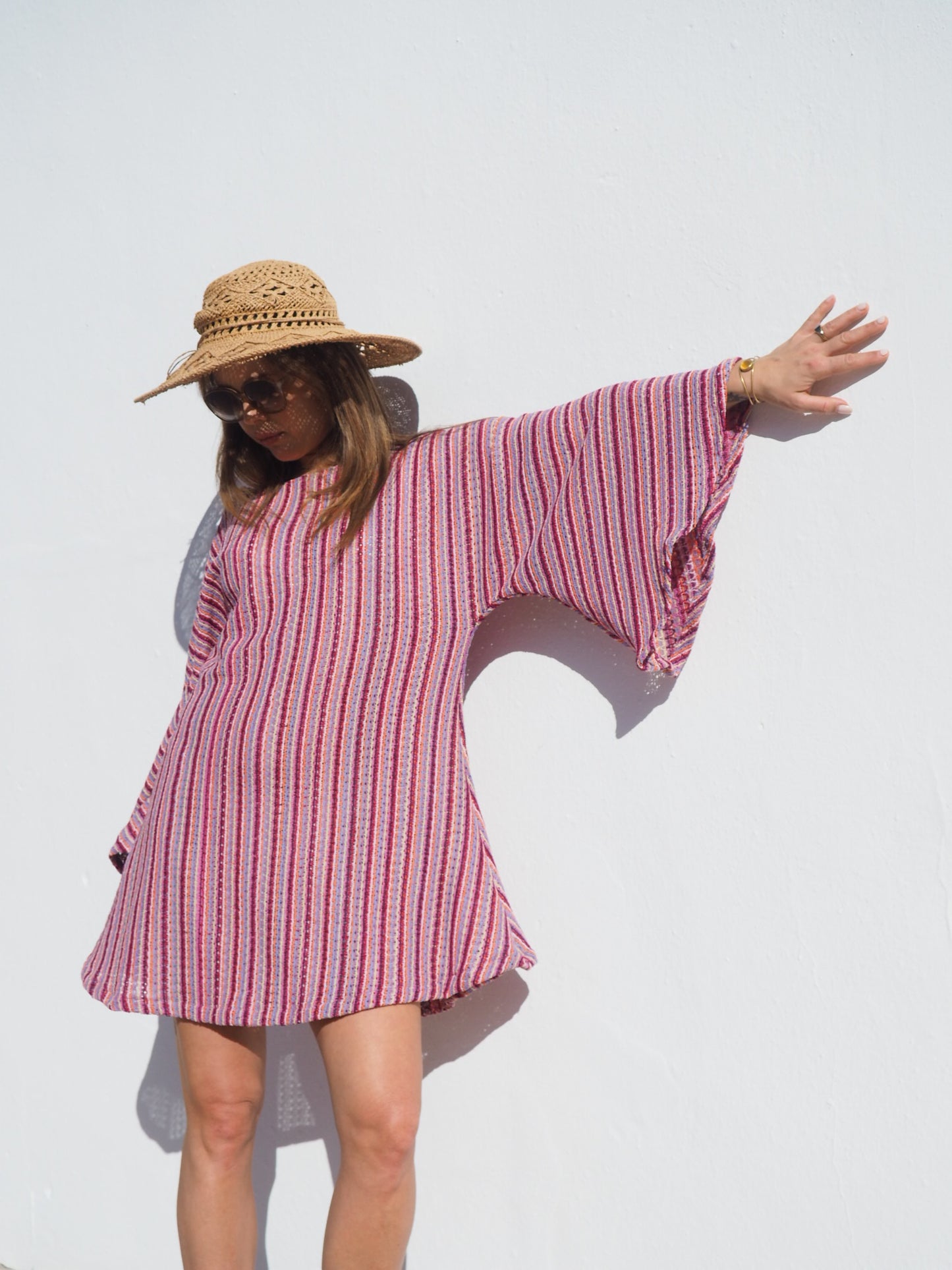 Retro dead stock fabric up-cycled pink striped bell sleeve dress made by Vagabond Ibiza