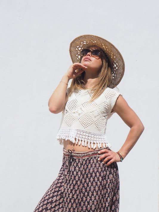 Super cute ivory and white vintage crochet top up-cycled by Vagabond Ibiza with cute tassel trim.