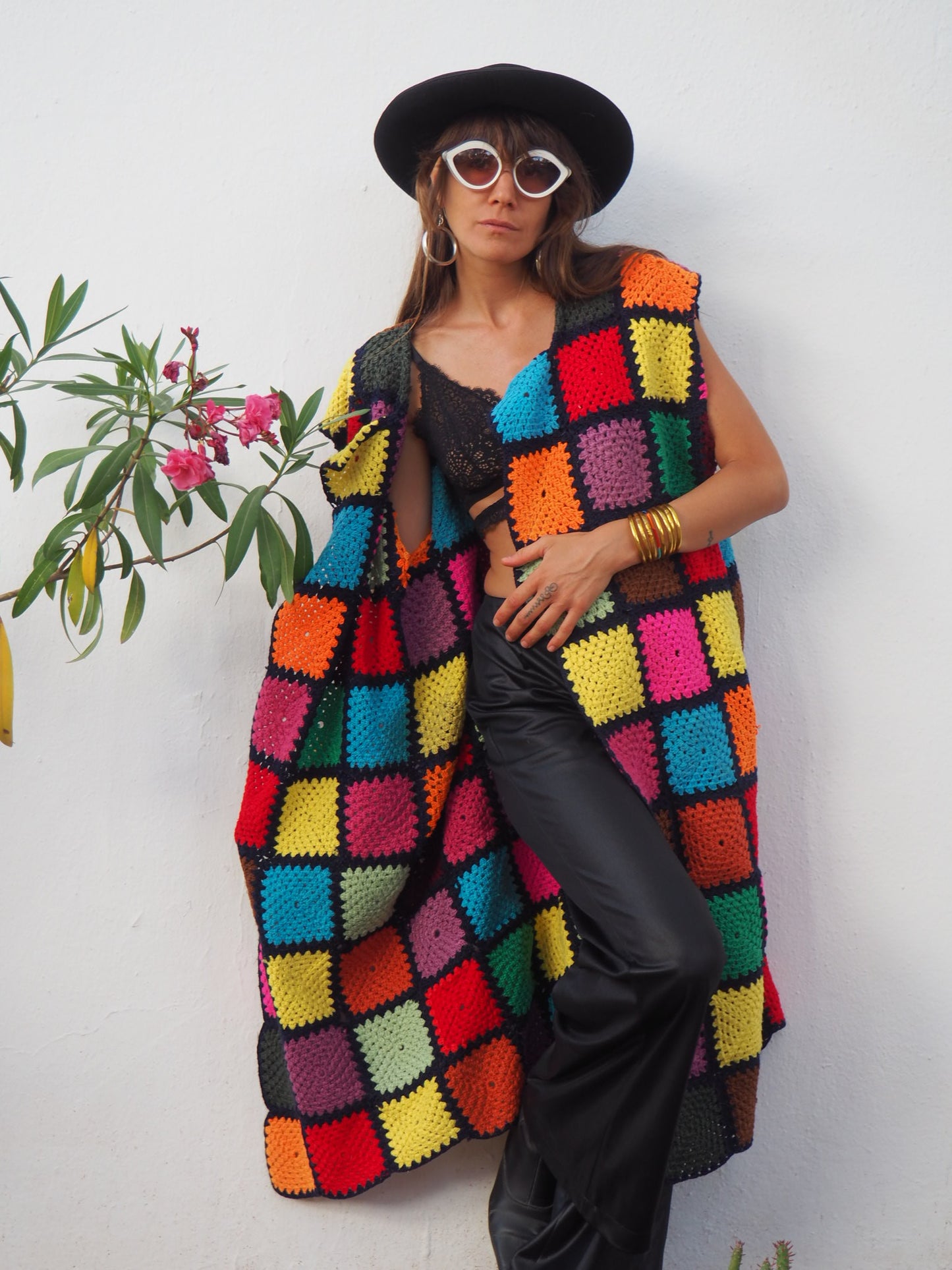 colourful waistcoat, Vintage Crochet Jacket, up cycled jacket , handmade jacket, striped jacket , vintage jacket, 1970s jacket , long waistcoat, slow fashion , sustainable fashion, vintage shop, ibiza vintage shop, ibiza style, bohemian jacket, boho jacket, colourful jacket, festival jacket, hippie style, 70s clothing, original vintage, recycled fashion brand, sustainable fashion brand, slow fashion brand, rainbow fashion, knitted jacket, woven jacket, winter jacket, crochet jumper, vintage fashion, 