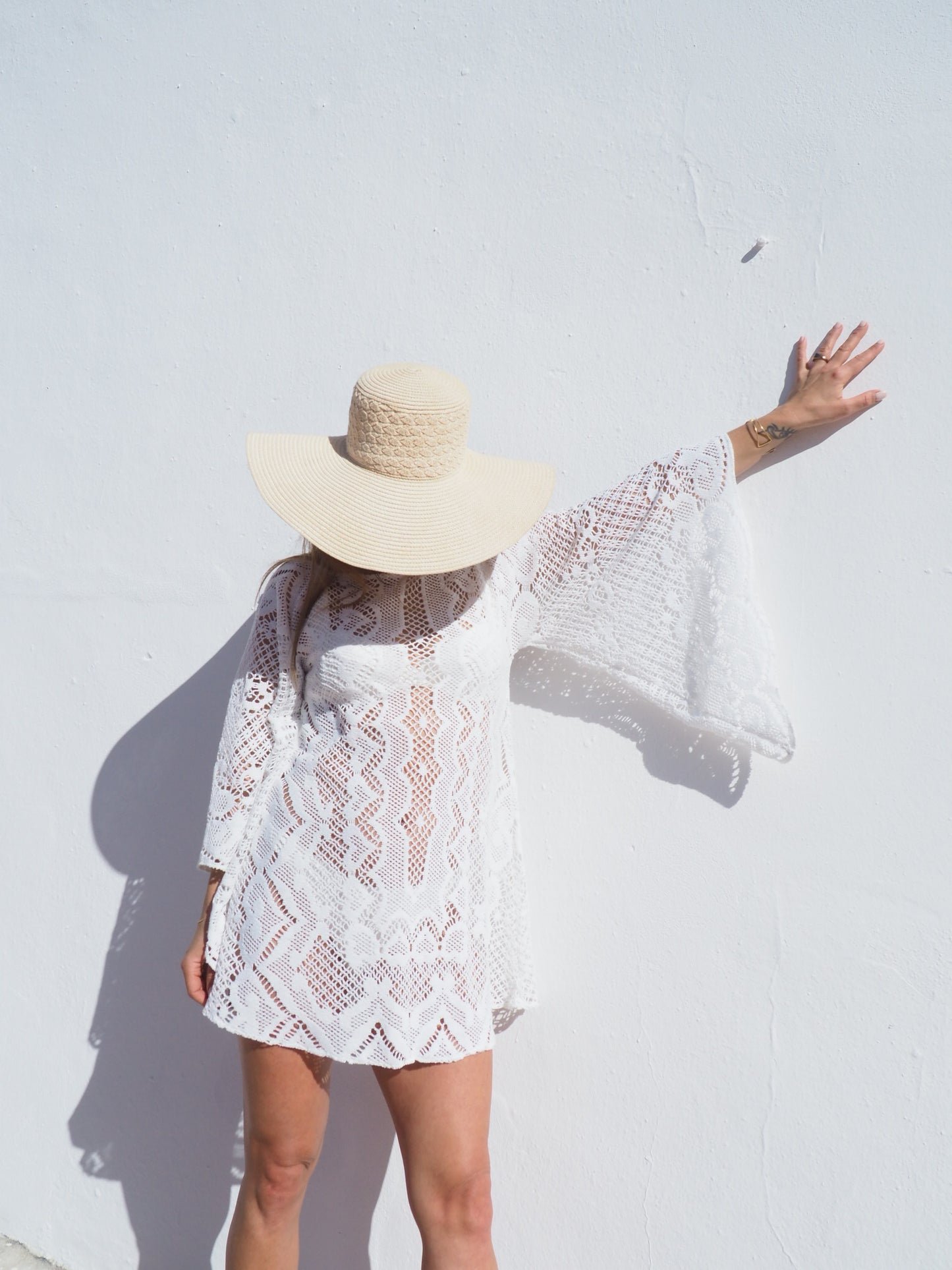 Vintage 1970’s white crochet dress up-cycled by Vagabond Ibiza with big bell sleeves