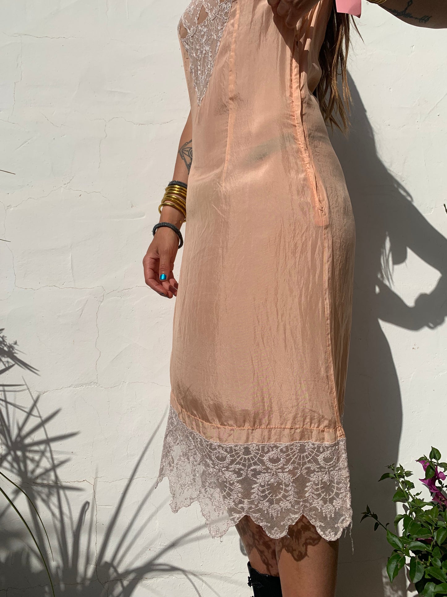 Vintage pink silk and lace slip dress