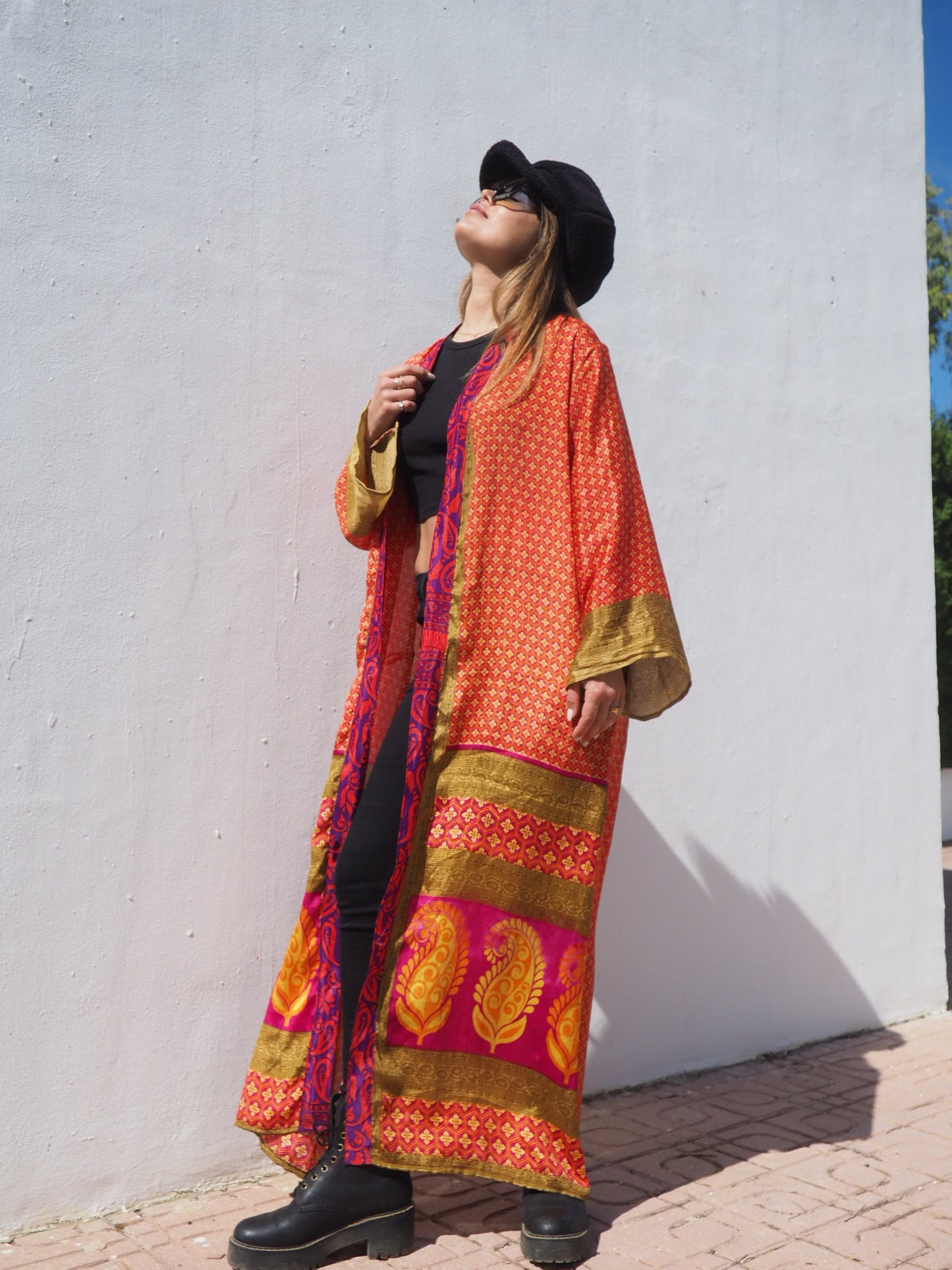 Up-cycled sari kimono in orange and gold print by Vagabond Ibiza