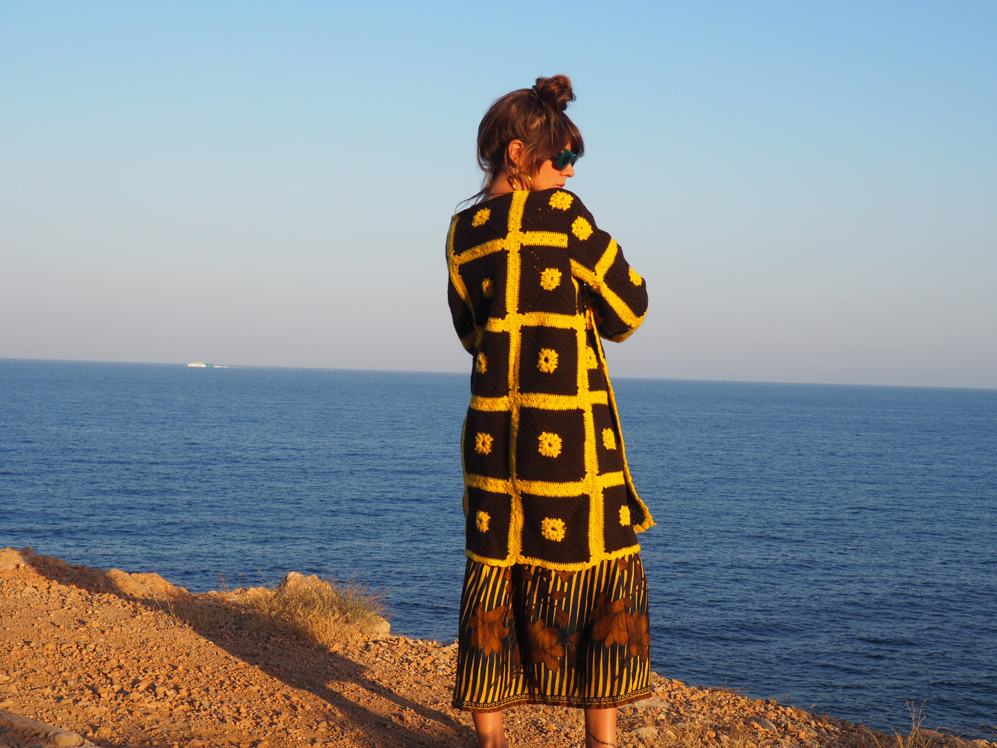 colourful waistcoat, Vintage Crochet Jacket, up cycled jacket , handmade jacket, striped jacket , vintage jacket, 1970s jacket , long waistcoat, slow fashion , sustainable fashion, vintage shop, ibiza vintage shop, ibiza style, bohemian jacket, boho jacket, colourful jacket, festival jacket, hippie style, 70s clothing, original vintage, recycled fashion brand, sustainable fashion brand, slow fashion brand, rainbow fashion, knitted jacket, woven jacket, winter jacket