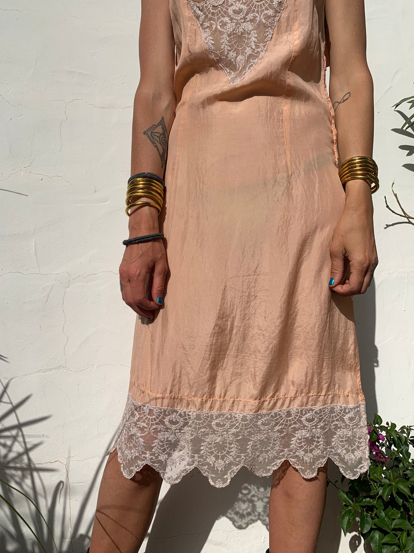 Vintage pink silk and lace slip dress