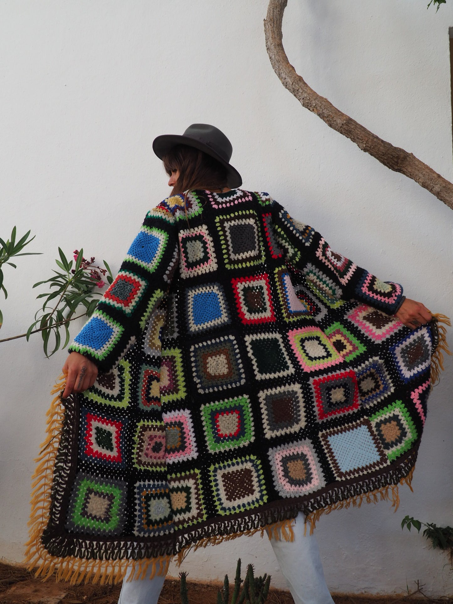 colourful waistcoat, Vintage Crochet Jacket, up cycled jacket , handmade jacket, striped jacket , vintage jacket, 1970s jacket , long waistcoat, slow fashion , sustainable fashion, vintage shop, ibiza vintage shop, ibiza style, bohemian jacket, boho jacket, colourful jacket, festival jacket, hippie style, 70s clothing, original vintage, recycled fashion brand, sustainable fashion brand, slow fashion brand, rainbow fashion, knitted jacket, woven jacket, winter jacket