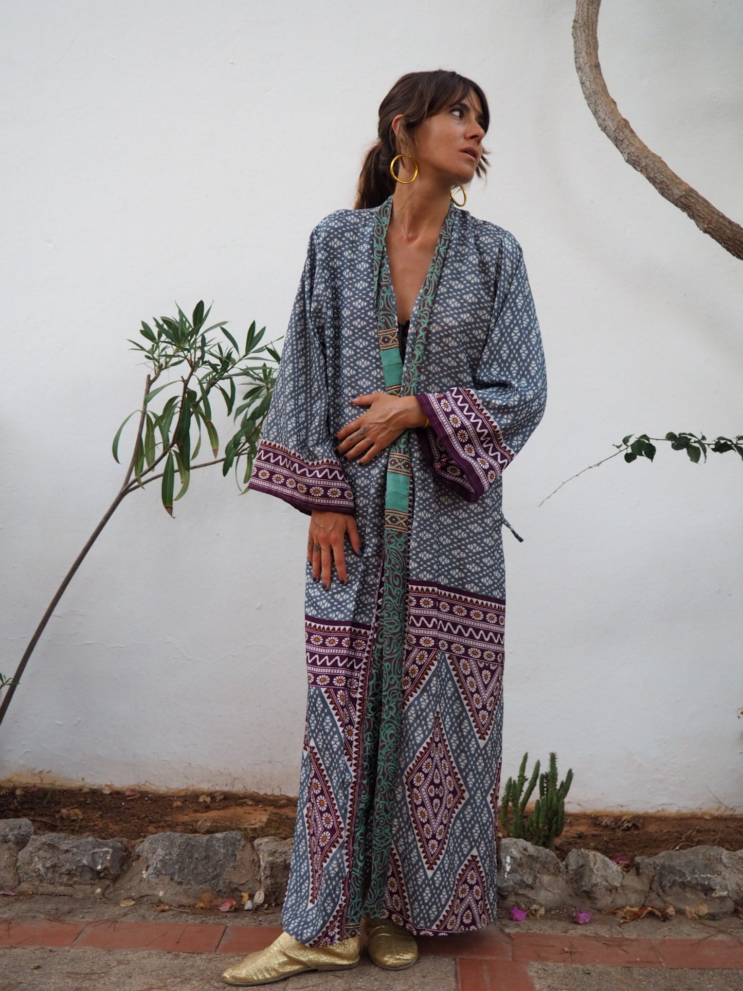 Recycled sari long printed kimono with waist belt