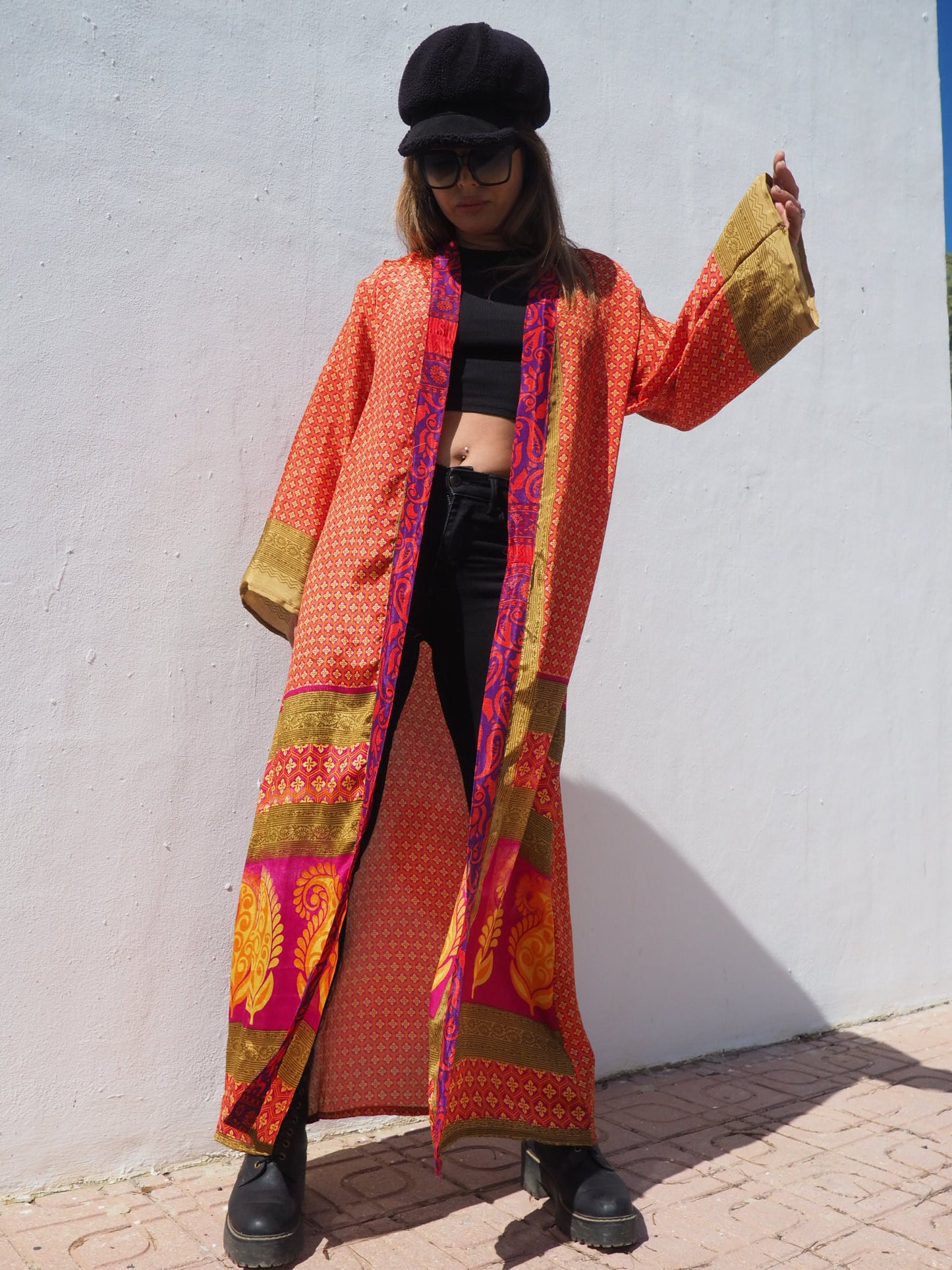 Up-cycled sari kimono in orange and gold print by Vagabond Ibiza