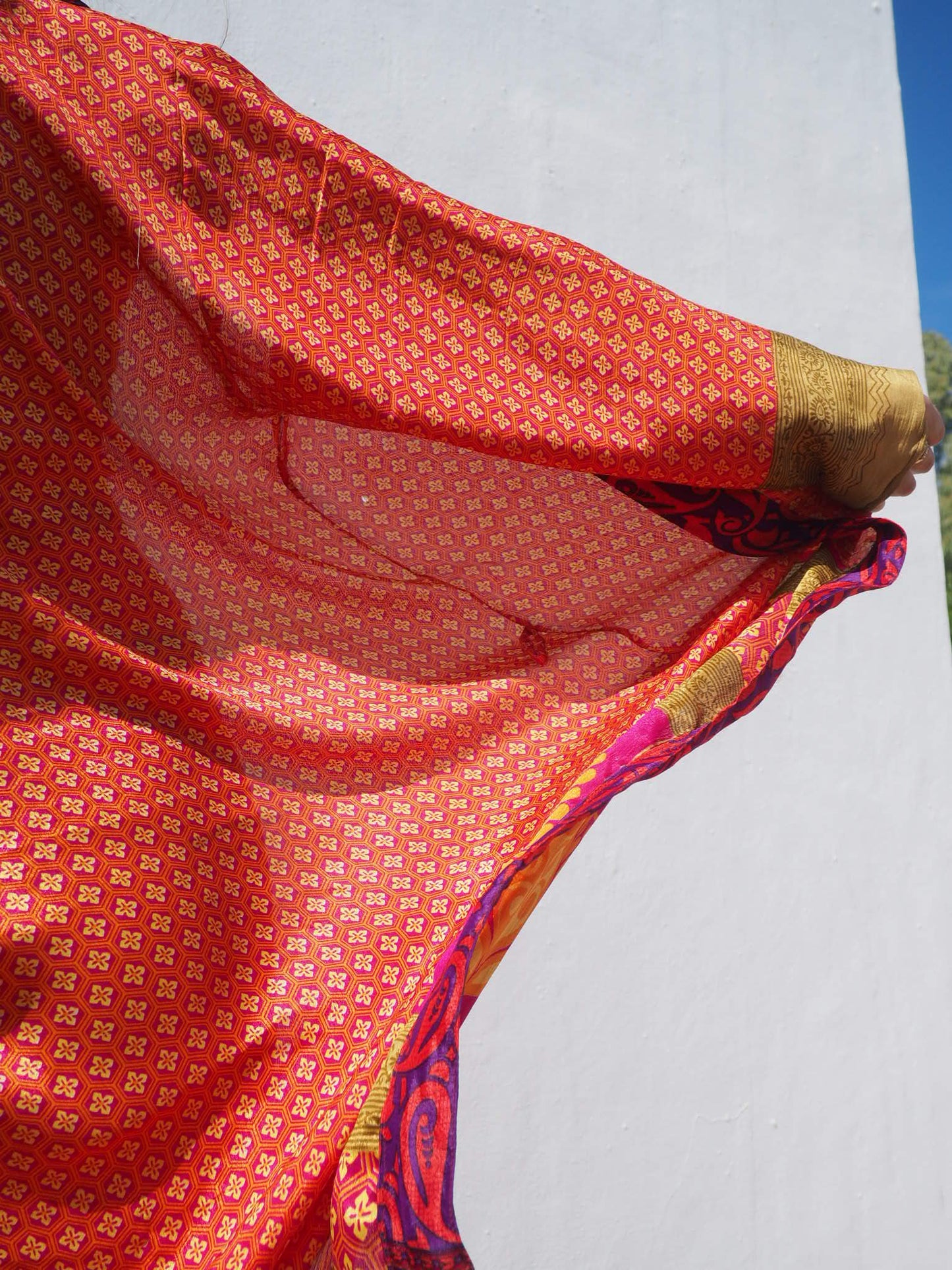 Up-cycled sari kimono in orange and gold print by Vagabond Ibiza