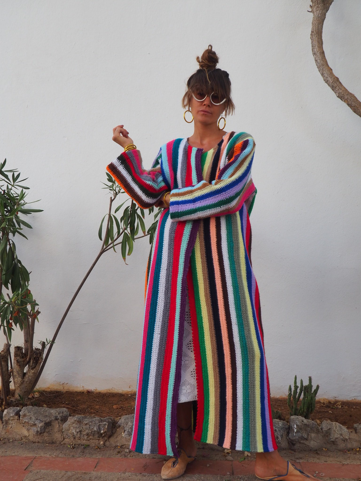 rainbow crochet jacket,colourful waistcoat, Vintage Crochet Jacket, up cycled jacket , handmade jacket, striped jacket , vintage jacket, 1970s jacket , long waistcoat, slow fashion , sustainable fashion, vintage shop, ibiza vintage shop, ibiza style, bohemian jacket, boho jacket, colourful jacket, festival jacket, hippie style, 70s clothing, original vintage, recycled fashion brand, sustainable fashion brand, slow fashion brand, rainbow fashion, knitted jacket, woven jacket, winter jacket