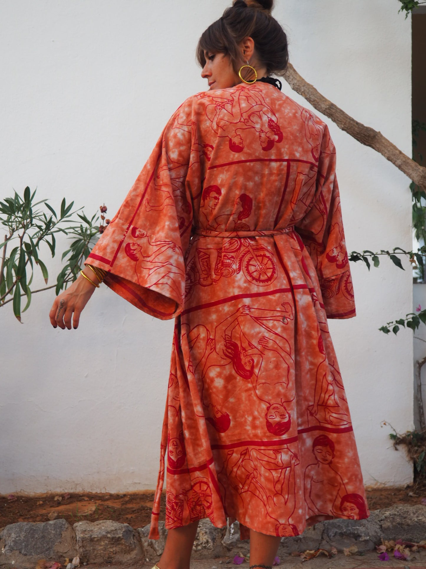 Up-cycled dressing gown with tantric sex position print by Vagabond Ibiza