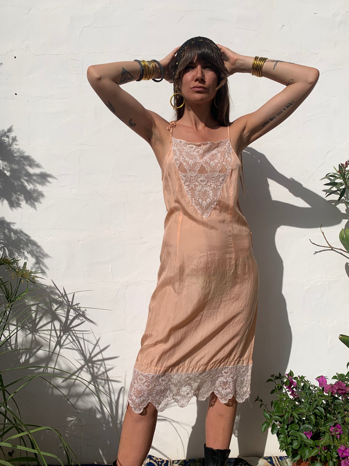 Vintage pink silk and lace slip dress