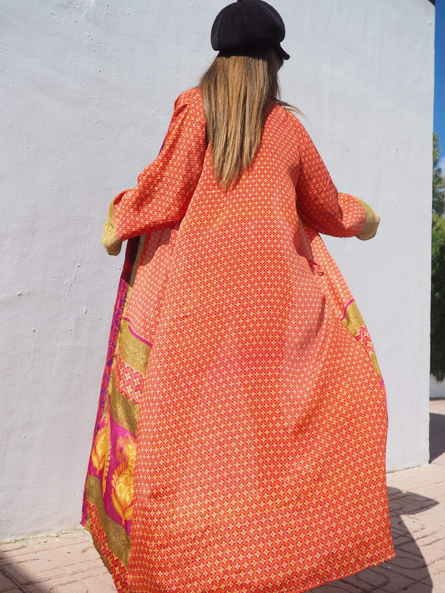 Up-cycled sari kimono in orange and gold print by Vagabond Ibiza