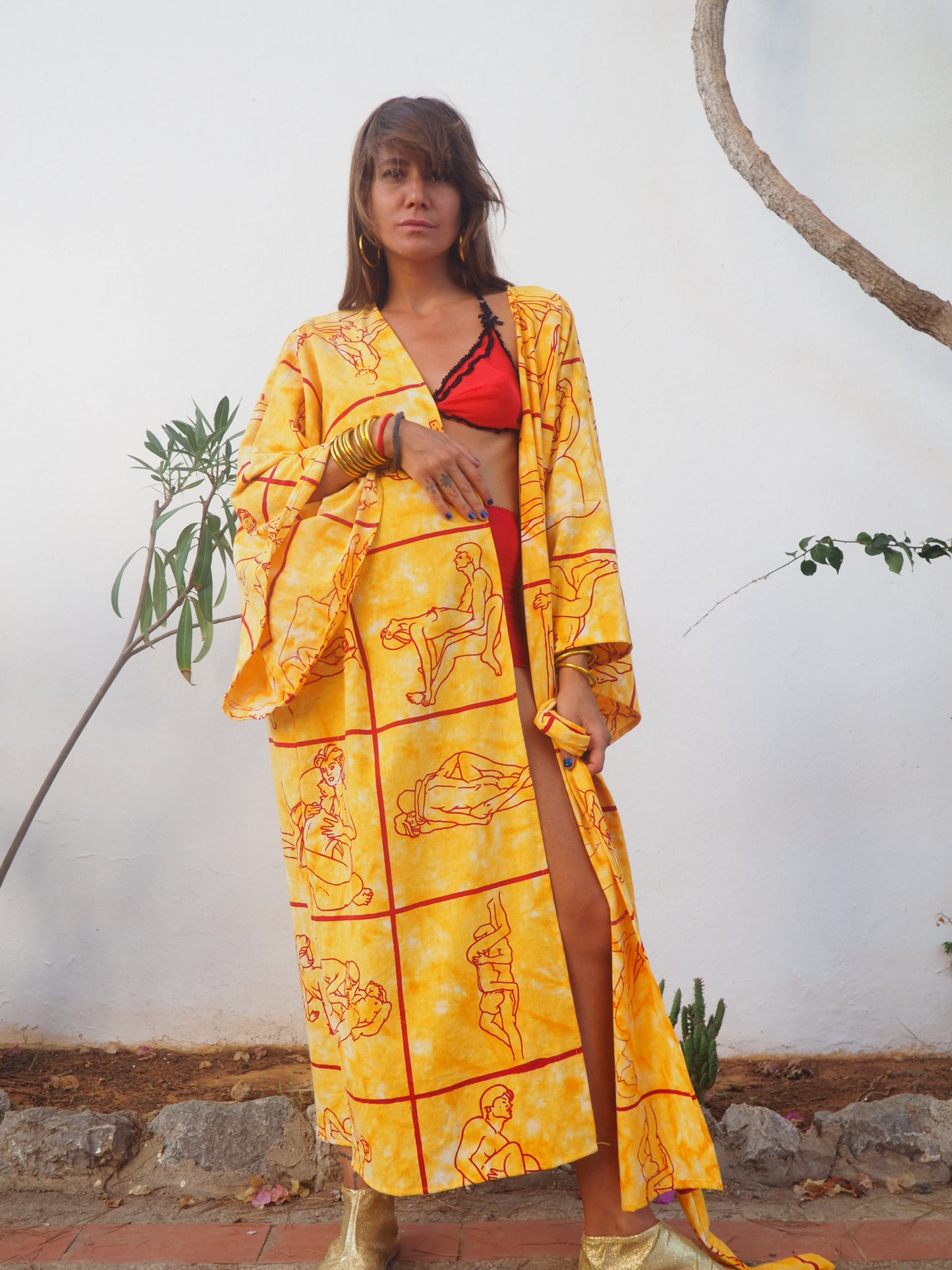 Up-cycled dressing gown with tantric sex position print by Vagabond Ibiza