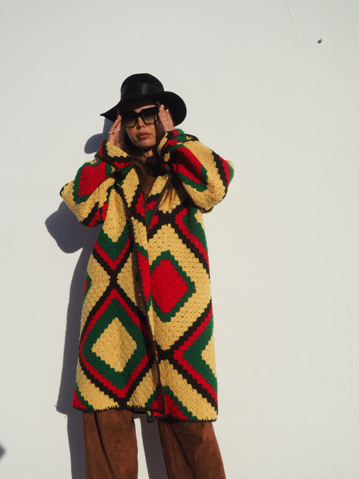 Vintage handmade crochet textiles in yellow green and brown up-cycled jacket by Vagabond Ibiza.
